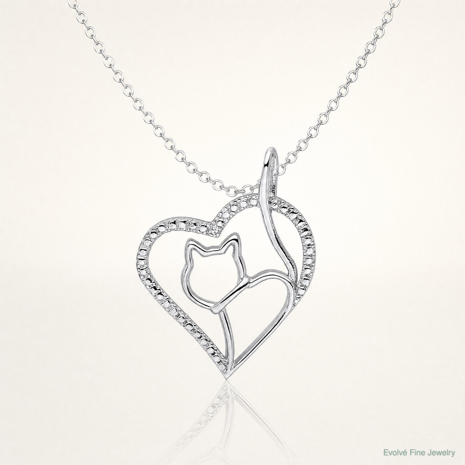 Sterling Silver Rhodium-plated CZ Heart with Cat Silhouette Pendant - Lifestyle View