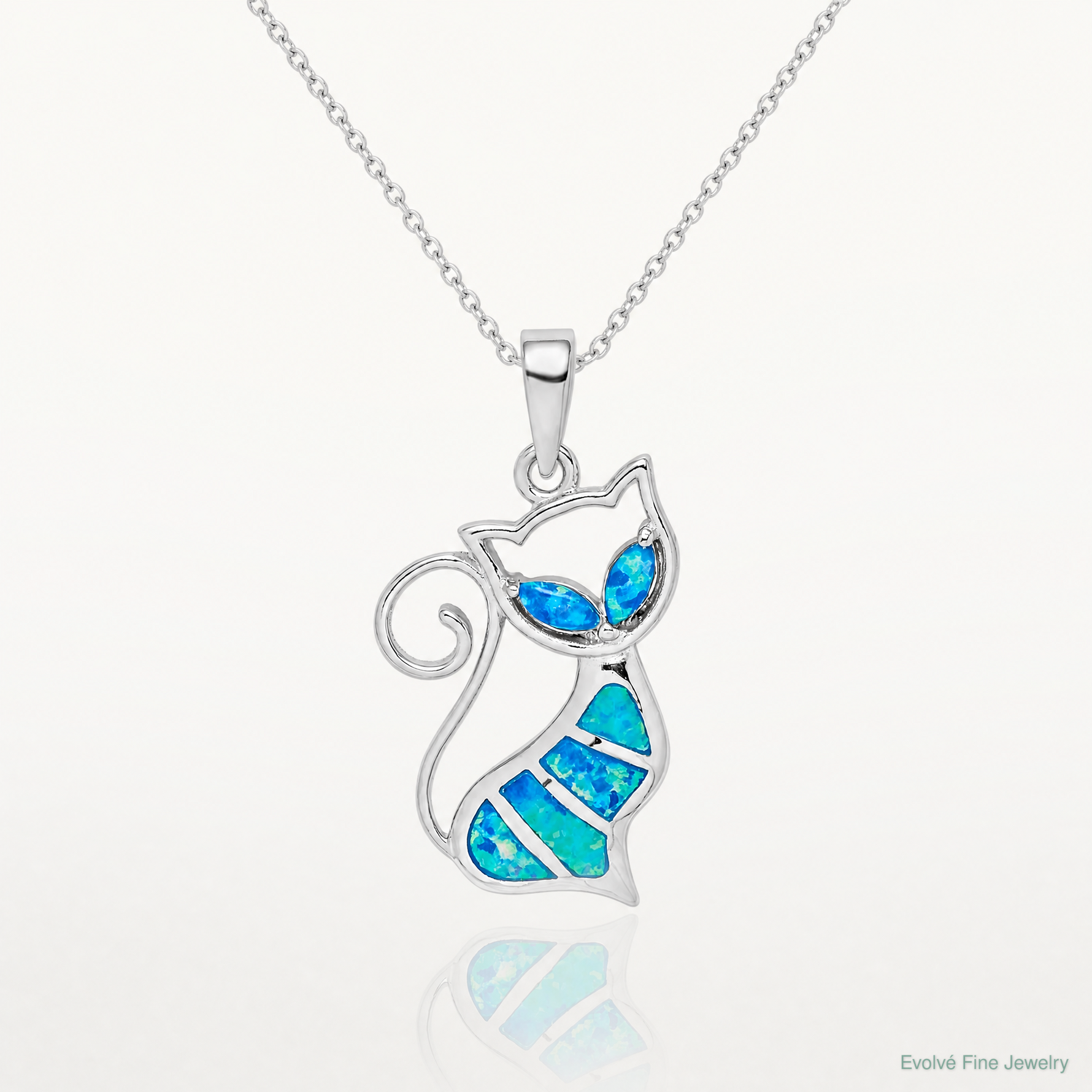 Sterling Silver Rhodium-plated Created Opal Cat Pendant - Lifestyle View