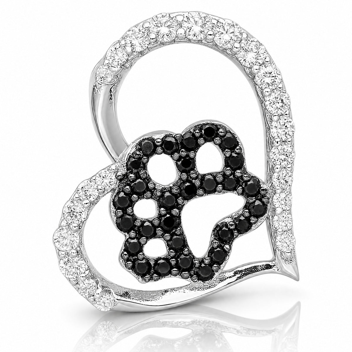 Sterling Silver Bk/Wht CZ Rhod-plated Paw Print Heart Chain Slide - Lifestyle View