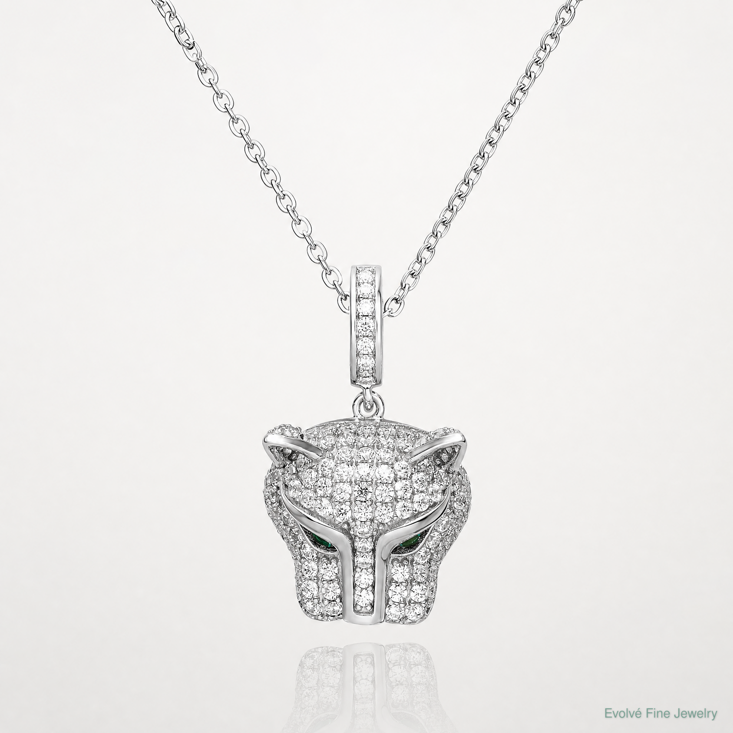 Sterling Silver Rhodium-plated Green & White CZ Panther Pendant - Lifestyle View