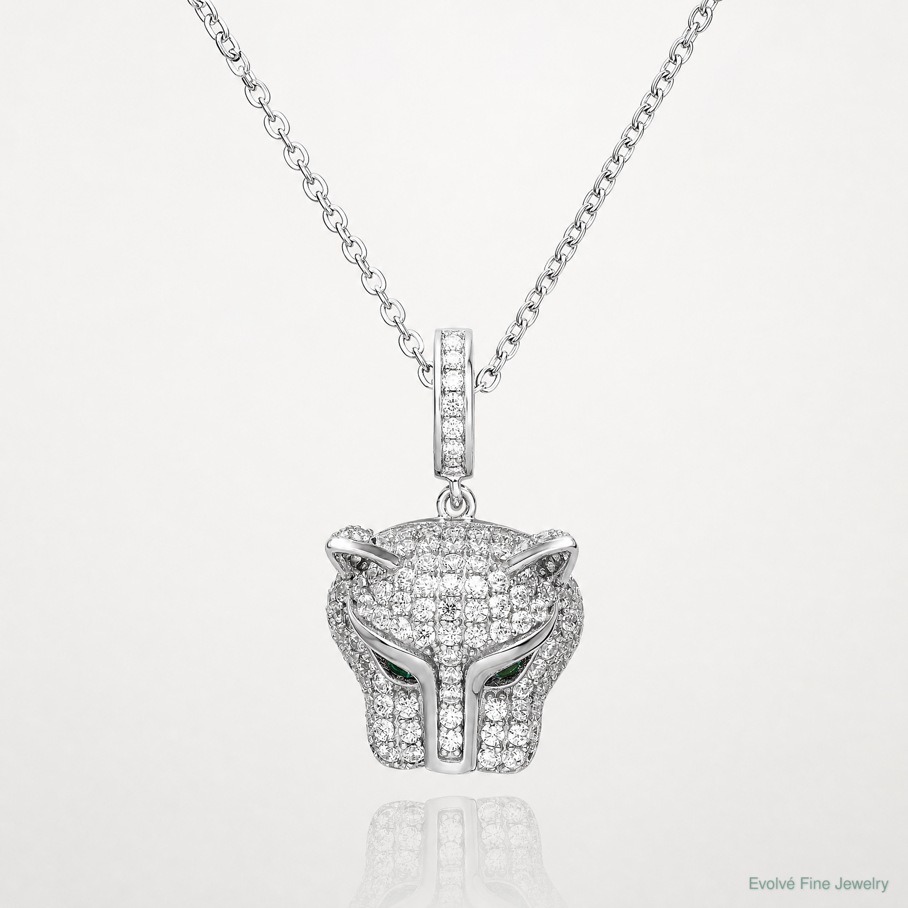 Sterling Silver Rhodium-plated Green & White CZ Panther Pendant - Lifestyle View