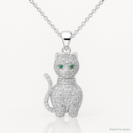 Sterling Silver Rhodium-plated Polished Green & White CZ Cat Pendant - Lifestyle View
