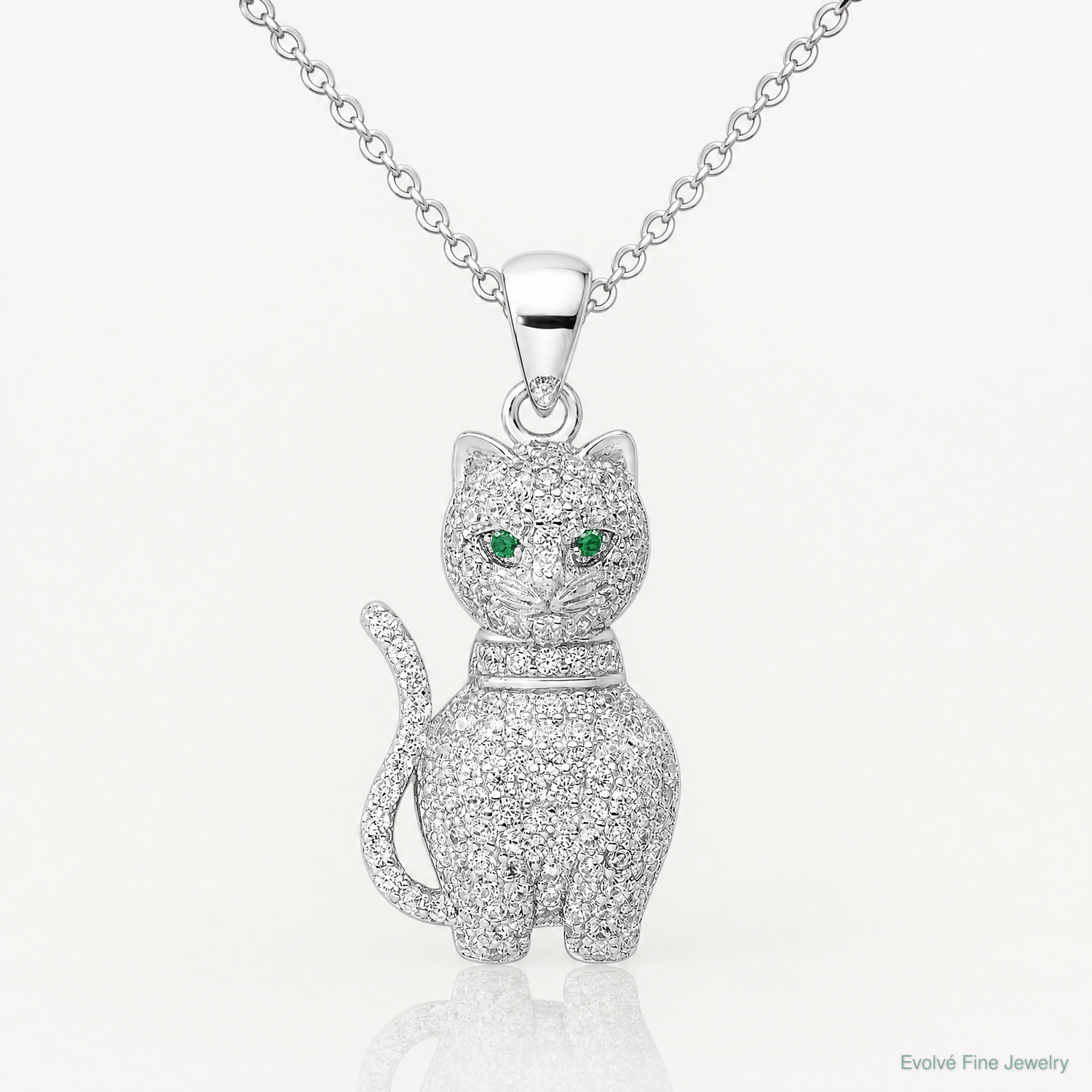 Sterling Silver Rhodium-plated Polished Green & White CZ Cat Pendant - Lifestyle View
