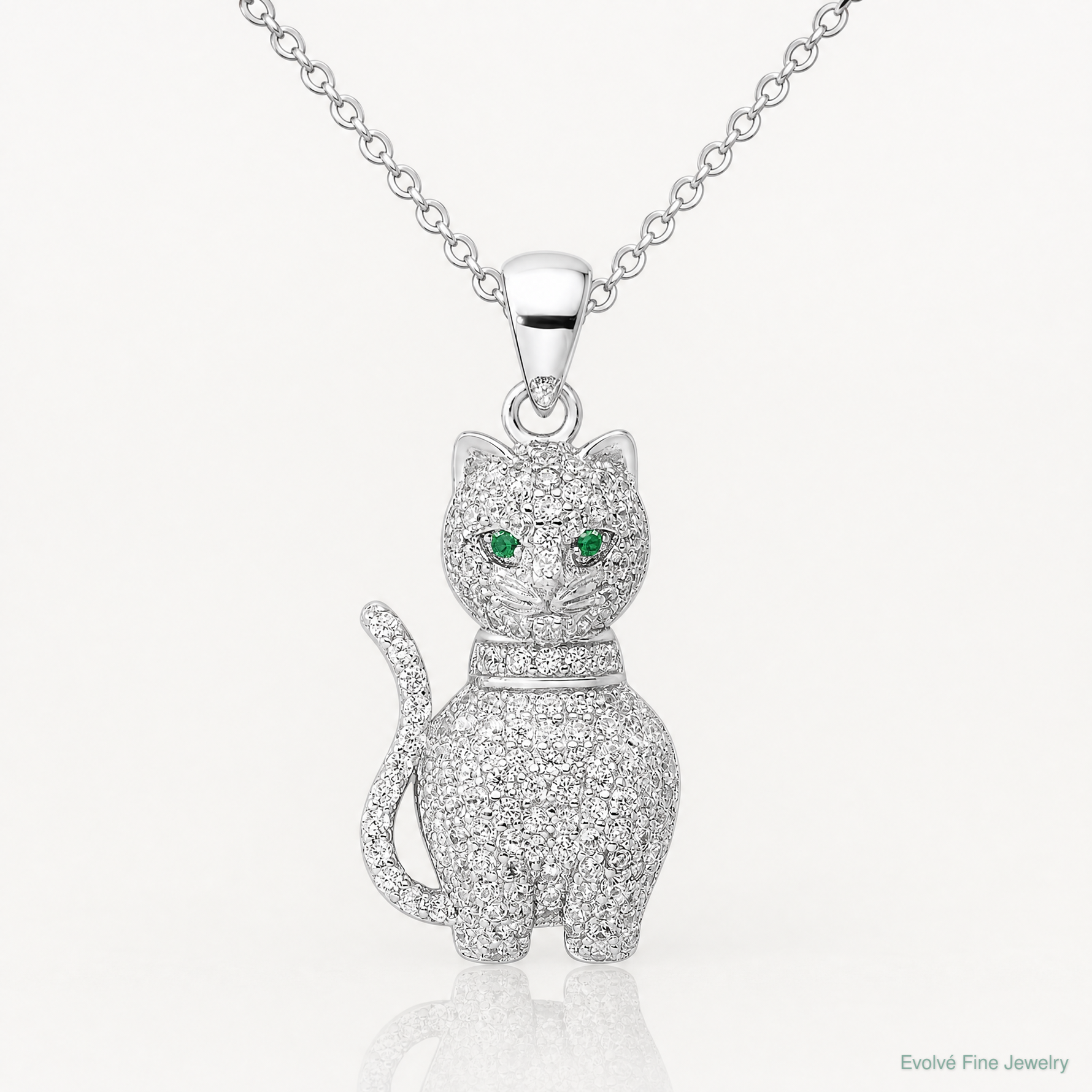 Sterling Silver Rhodium-plated Polished Green & White CZ Cat Pendant - Lifestyle View
