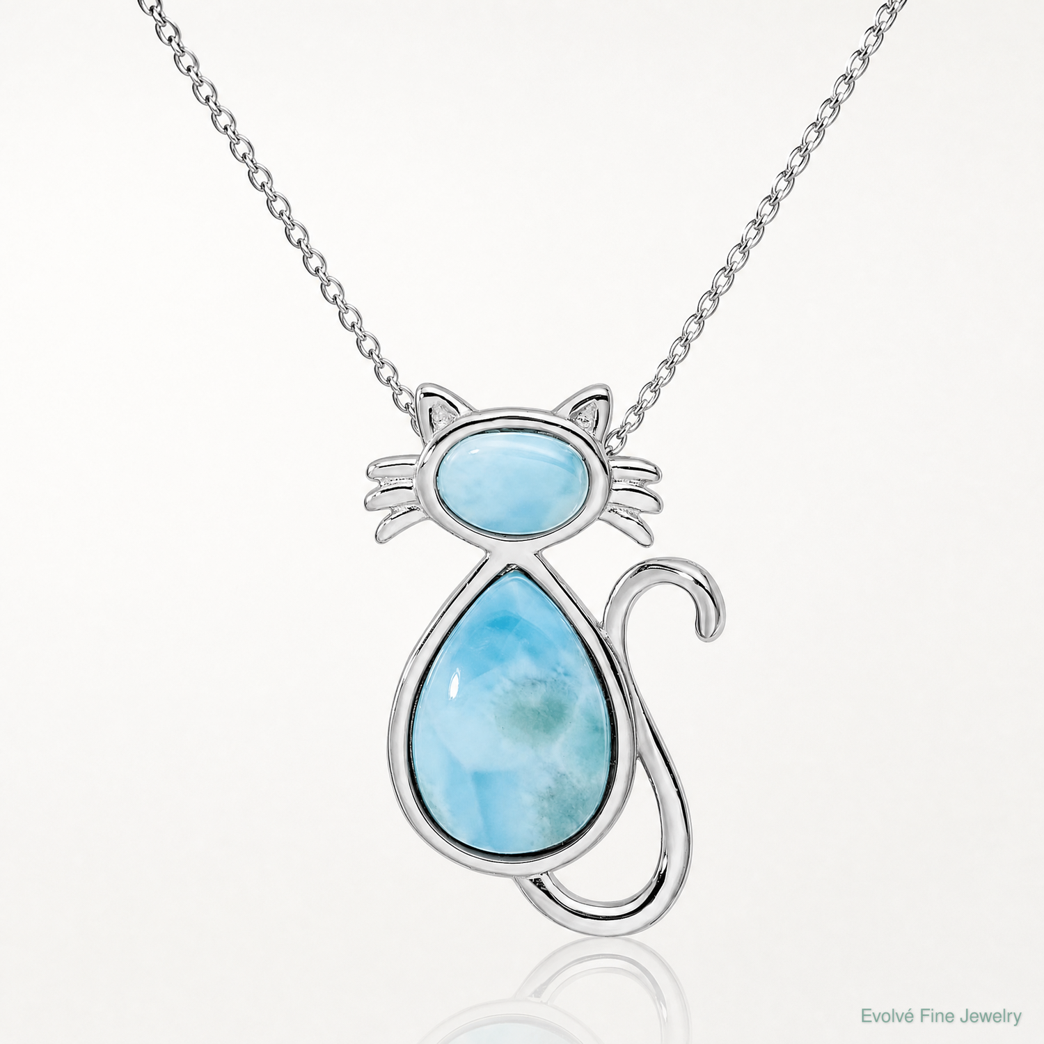Sterling Silver Rhodium-plated Polished Larimar Cat Chain Slide - Lifestyle View
