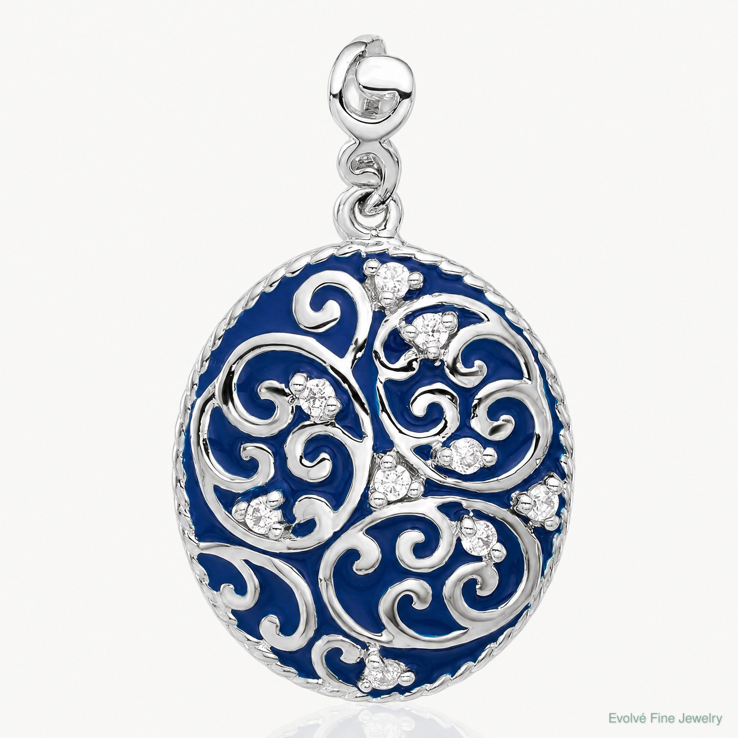 Sterling Silver Rhodium-plated Polished Swirl Blue Enamel CZ Oval Pendant - Lifestyle View