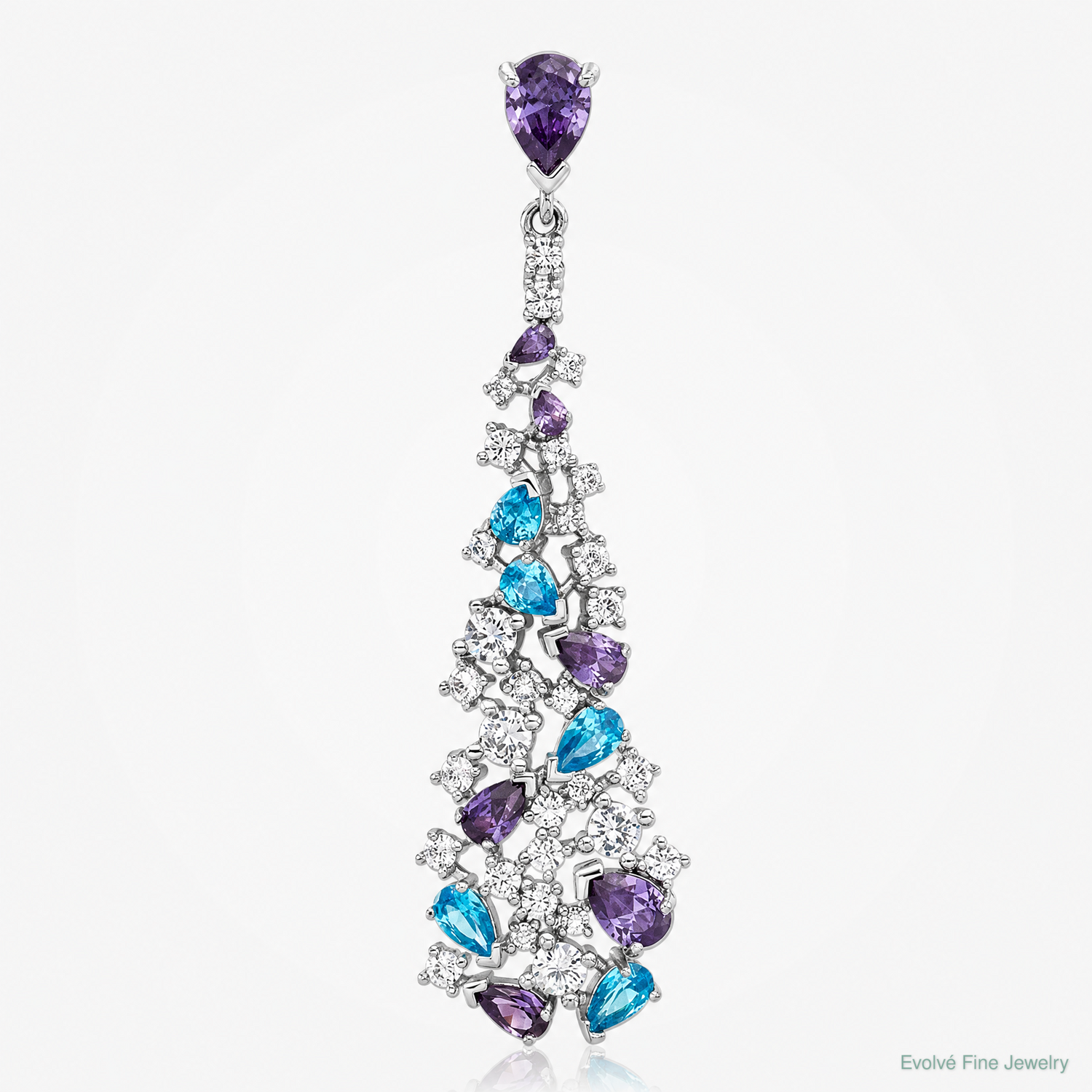 Sterling Silver Rh-plated Polished White/Blue/Purple CZ Teardrop Pendant - Lifestyle View