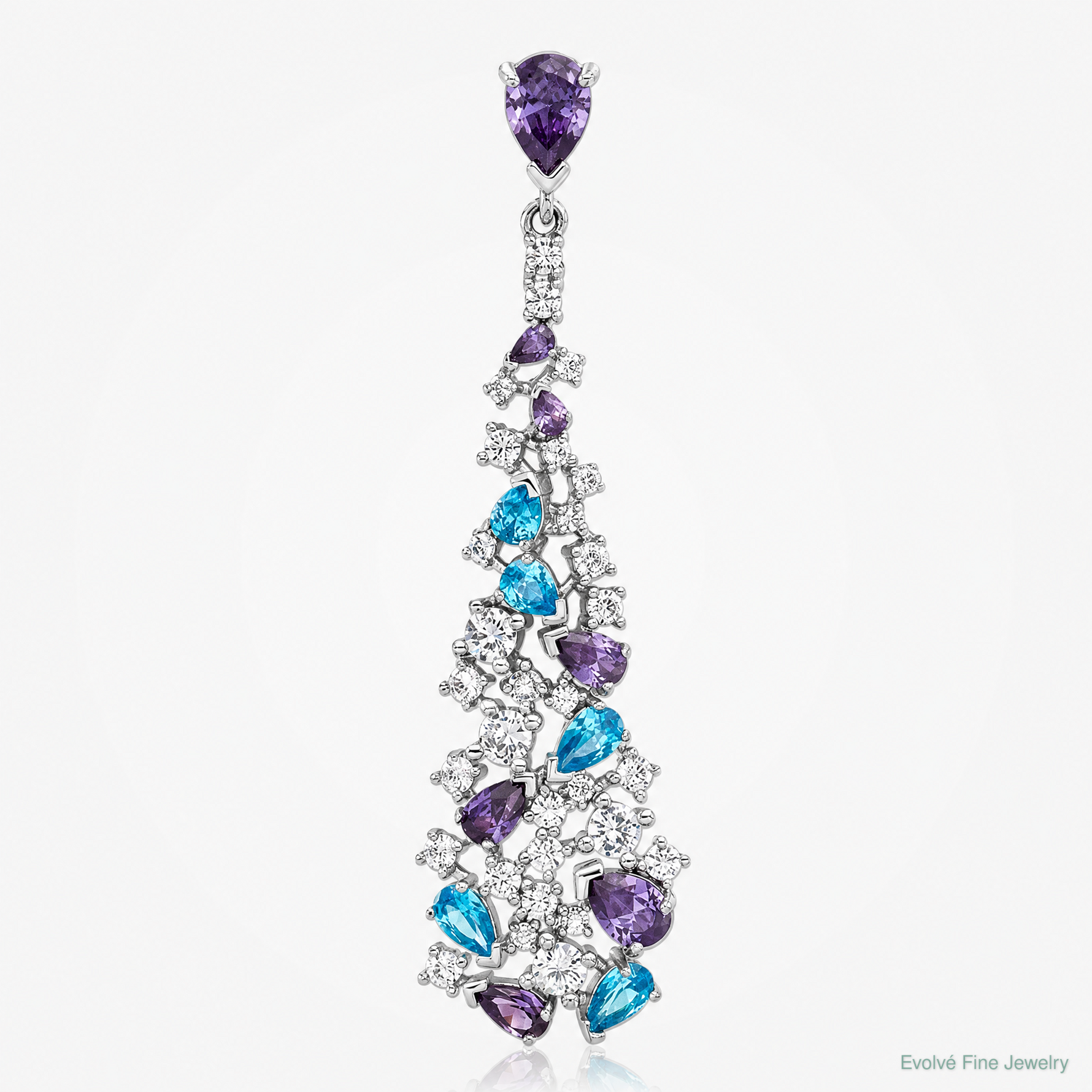 Sterling Silver Rh-plated Polished White/Blue/Purple CZ Teardrop Pendant - Lifestyle View