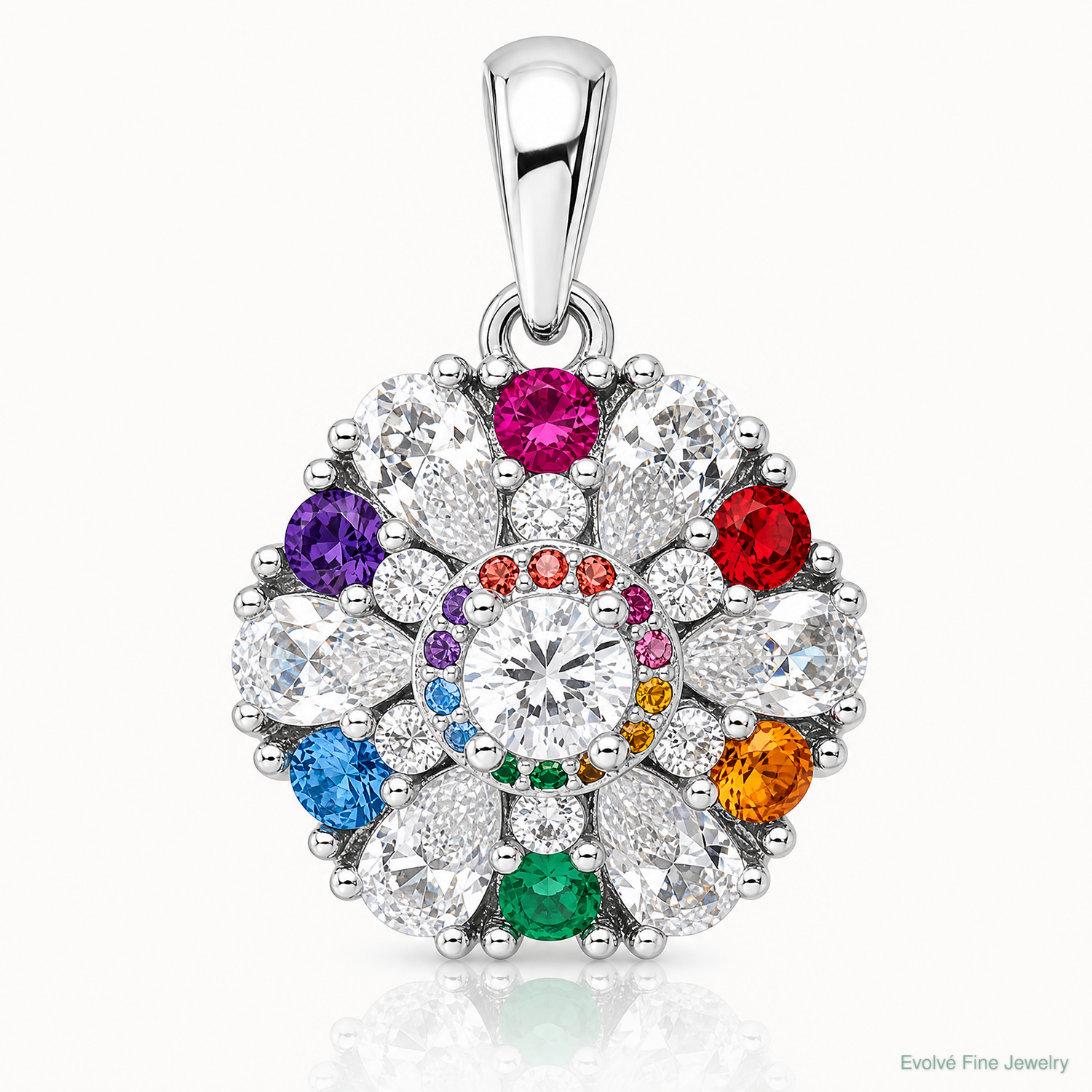 Sterling Silver Rhodium-pltd Rainbow Nano Crystal &Clear CZ Floral Pendant - Lifestyle View