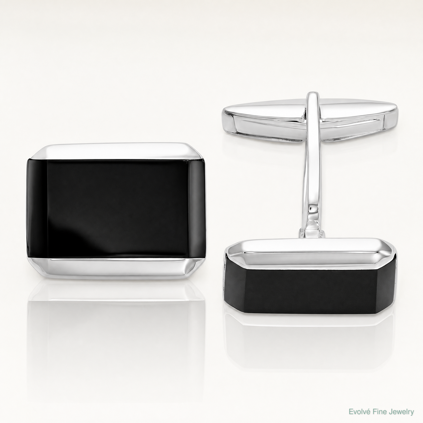Sterling Silver Rhodium-plated Rectangle Onyx Cuff Links - Lifestyle View