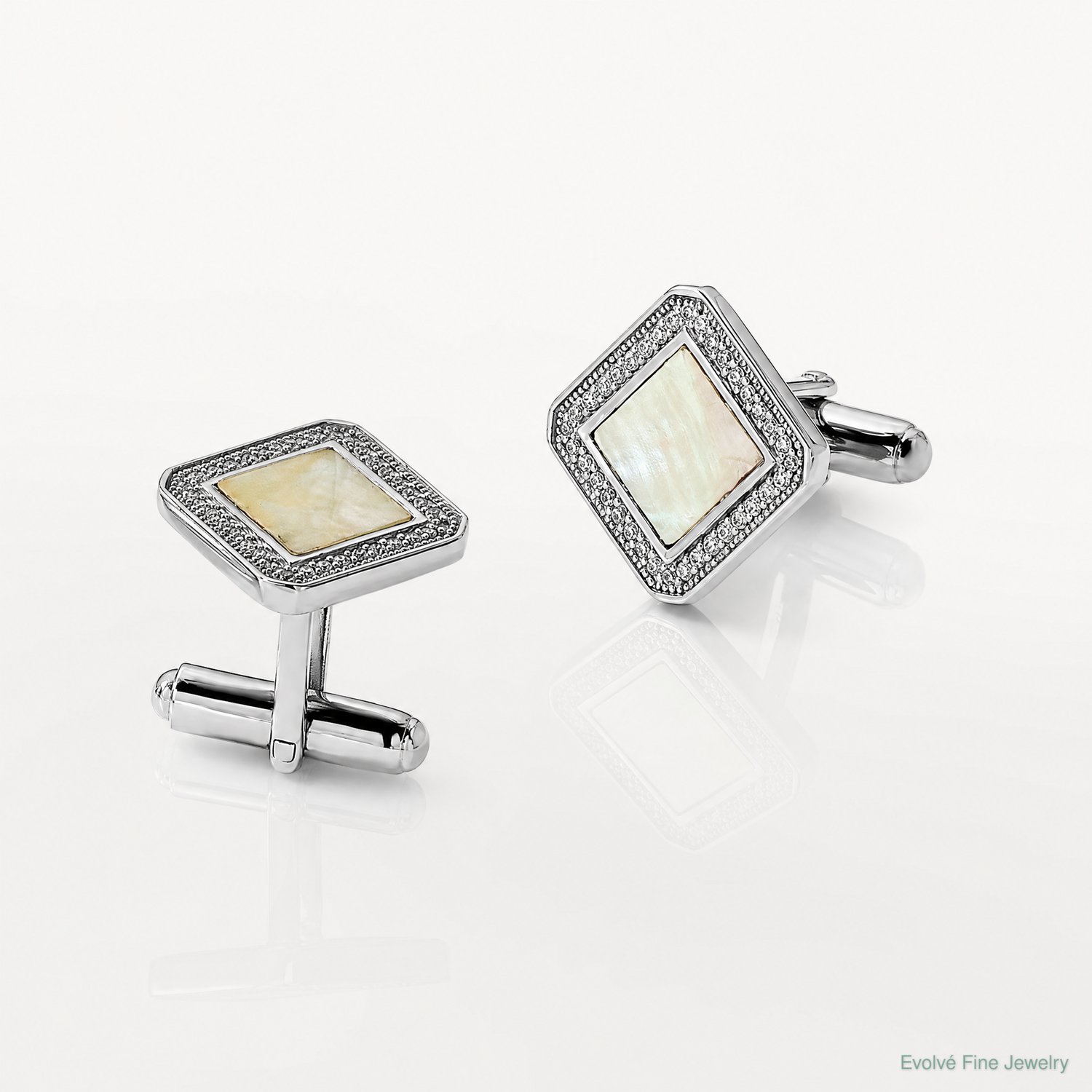 Sterling Silver Rhodium-plated CZ and Mother of Pearl Square Cuff Links - Lifestyle View