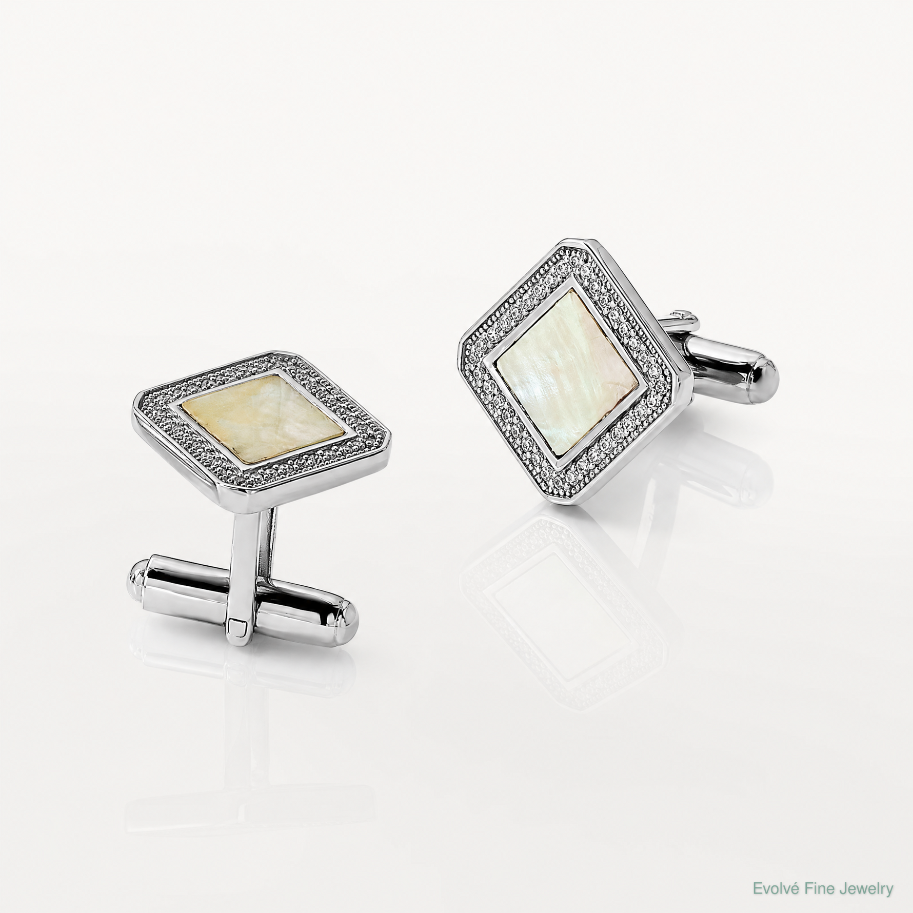 Sterling Silver Rhodium-plated CZ and Mother of Pearl Square Cuff Links - Lifestyle View