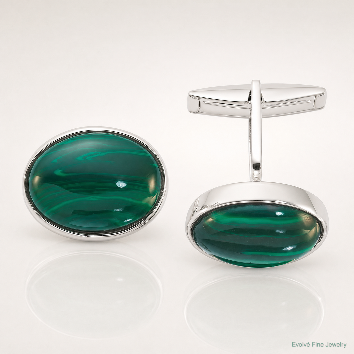 Sterling Silver Polished Malachite Oval Cuff Links - Lifestyle View