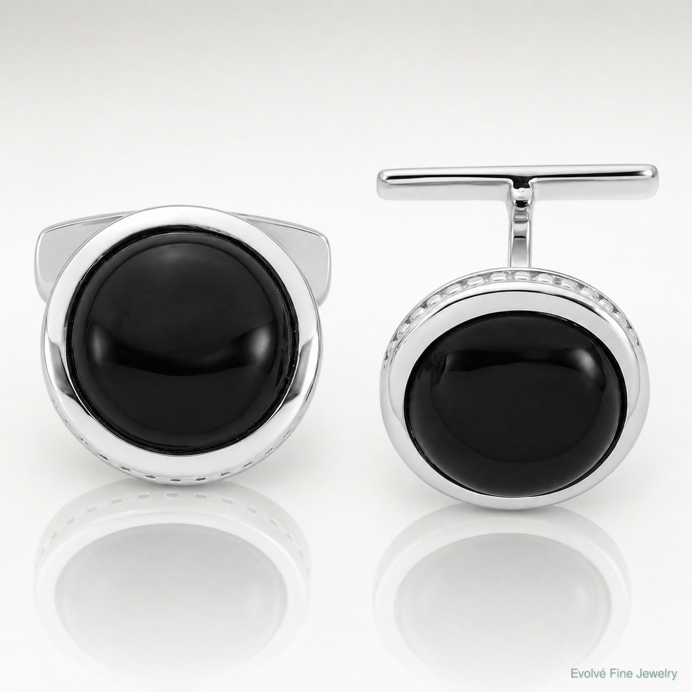Sterling Silver Rhodium-plated Polished Round Black Onyx Cuff Links