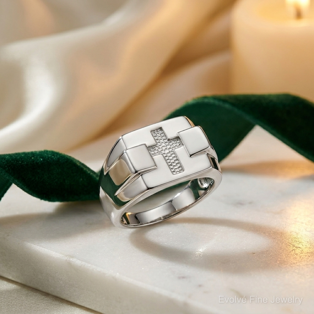 Sterling Silver Rhodium Diam. Cross Signet Ring - Lifestyle View