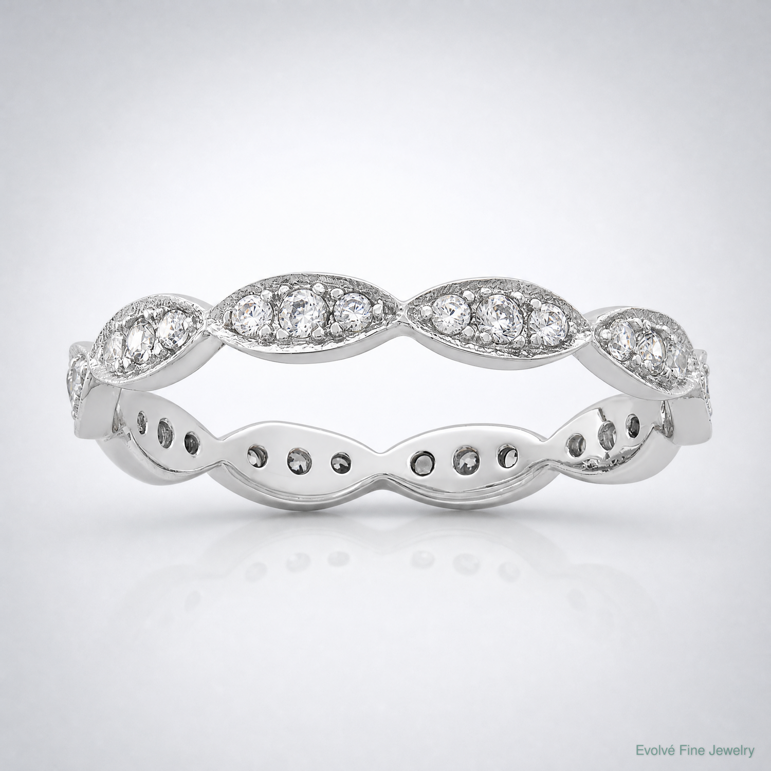 Sterling Silver Rhodium-plated Fancy Scalloped CZ Band - Lifestyle View