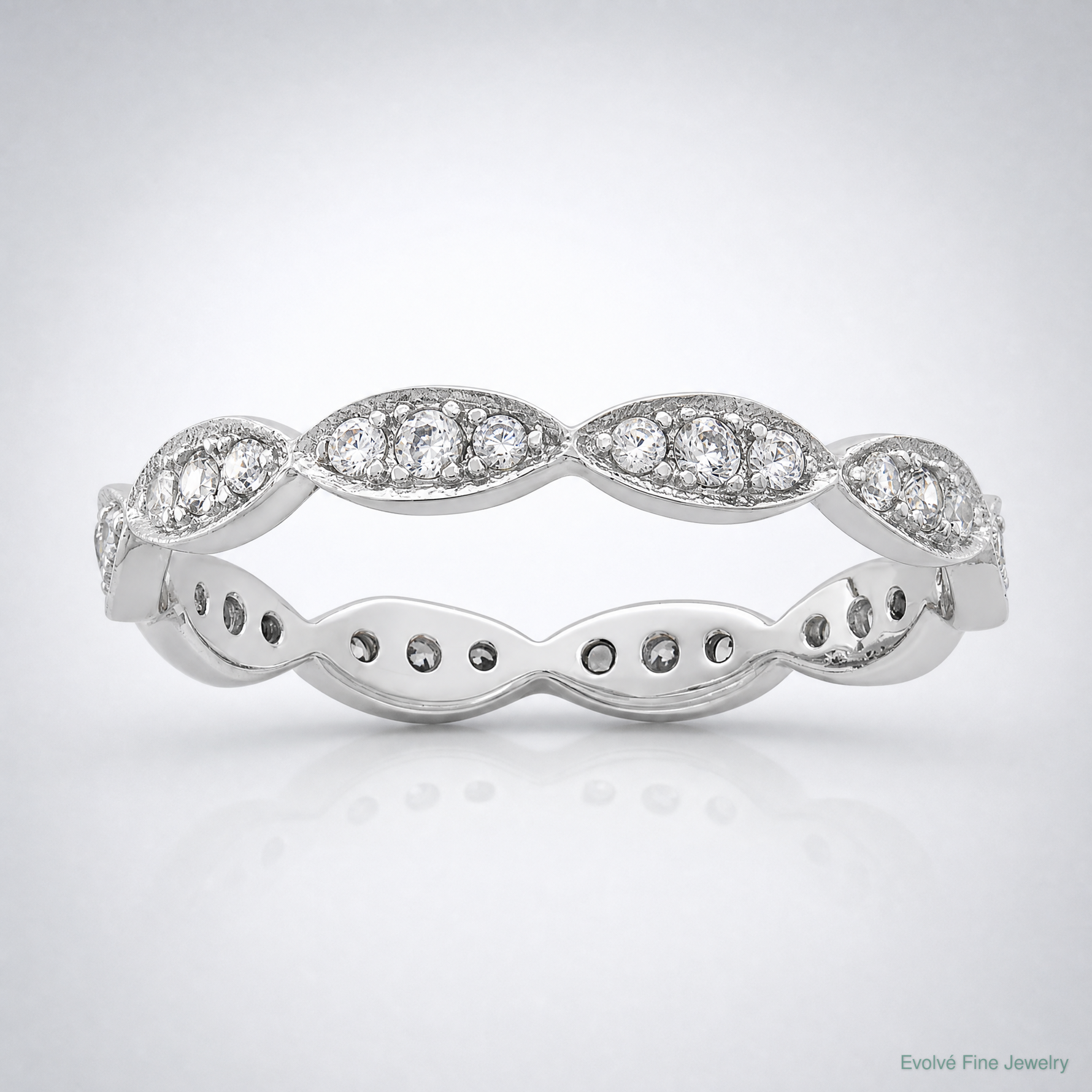 Sterling Silver Rhodium-plated Fancy Scalloped CZ Band - Lifestyle View
