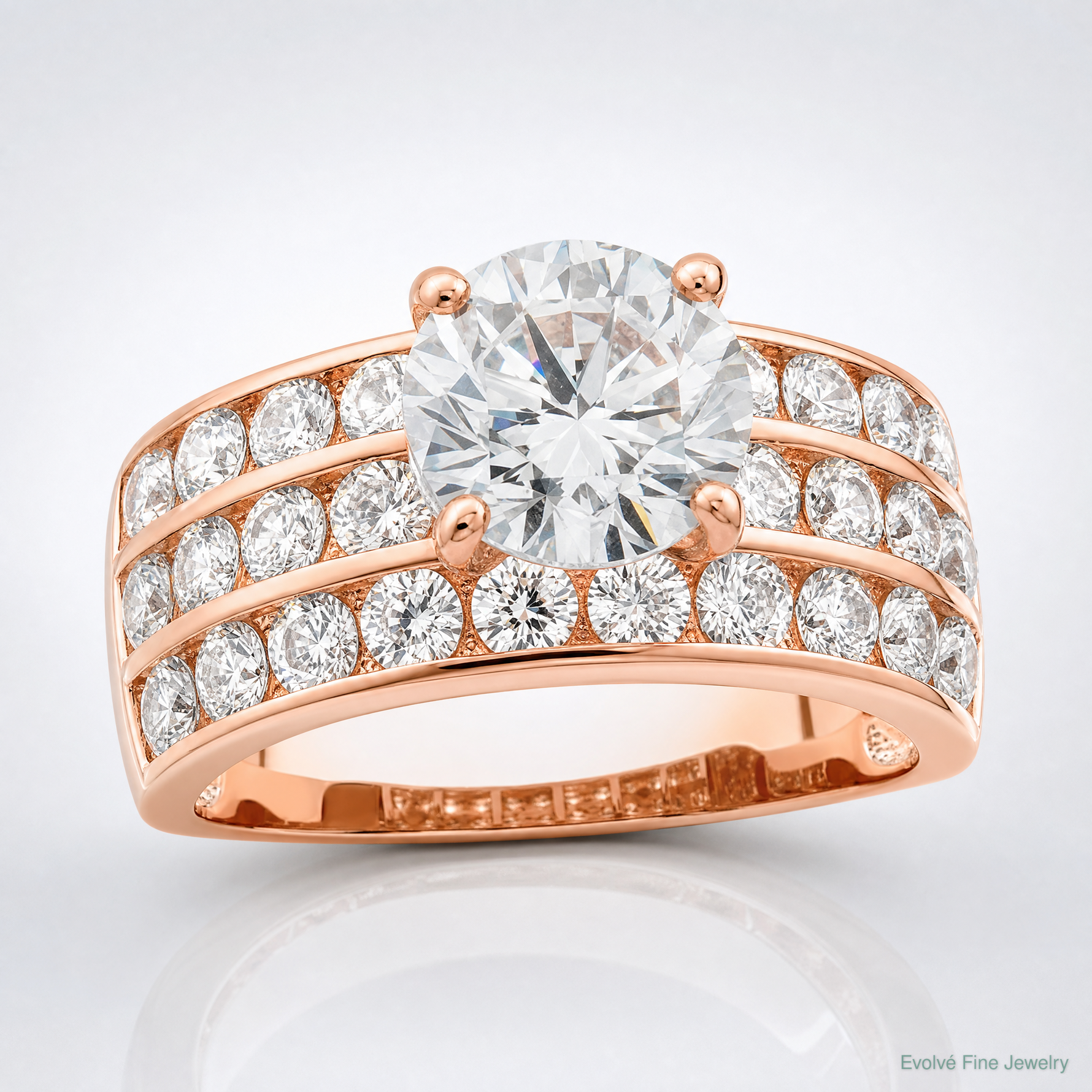 Sterling Silver Polished Rose-tone 3 Row CZ Ring - Lifestyle View