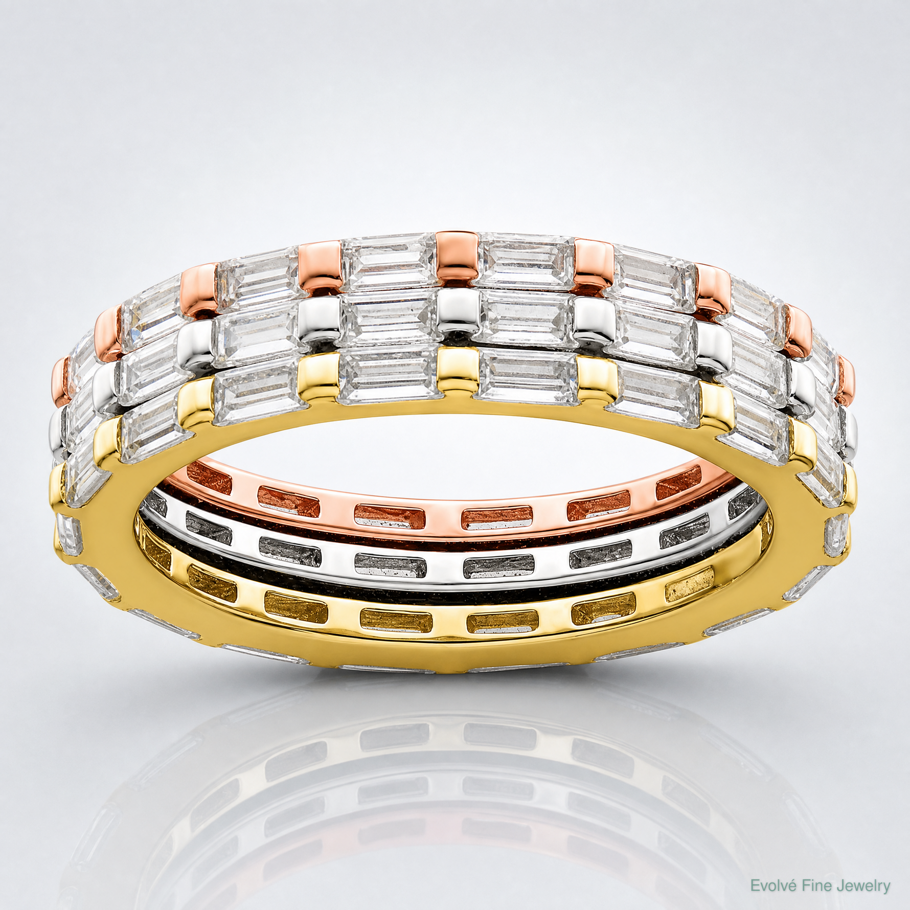 Sterling Silver Rose & Gold-tone Baguette CZ Eternity 3 Band Set - Lifestyle View