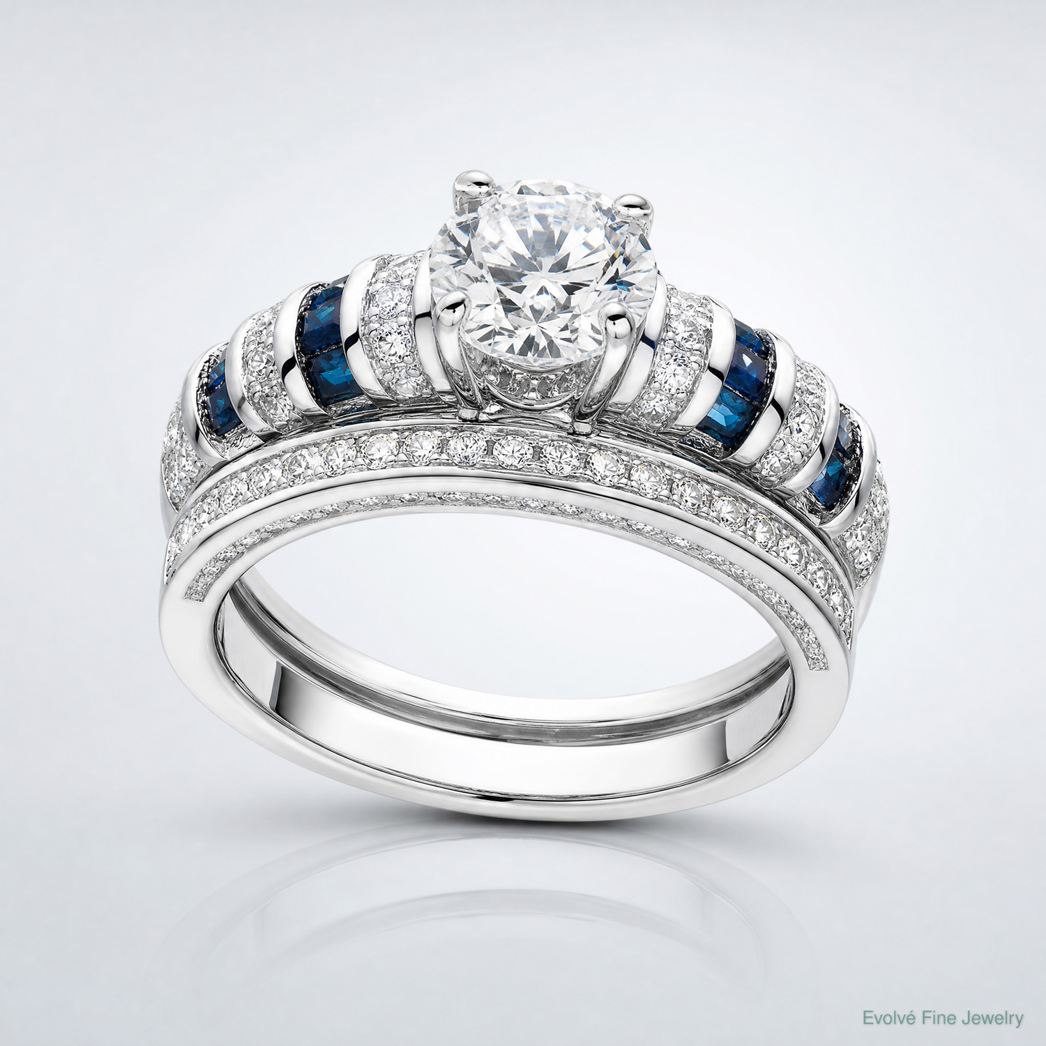 Sterling Silver Rh-plated Polished Blue & White CZ Engagement & Band Ring - Lifestyle View
