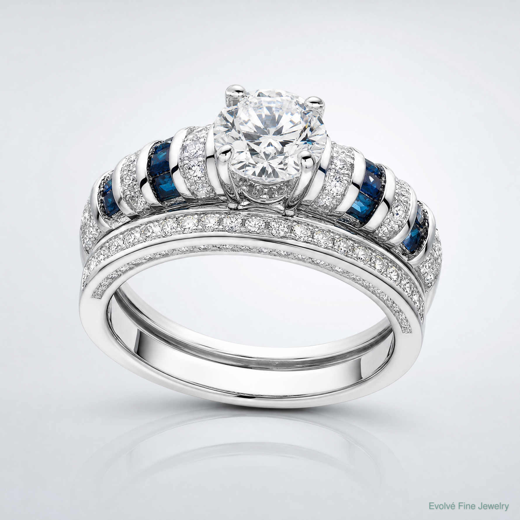 Sterling Silver Rh-plated Polished Blue & White CZ Engagement & Band Ring - Lifestyle View