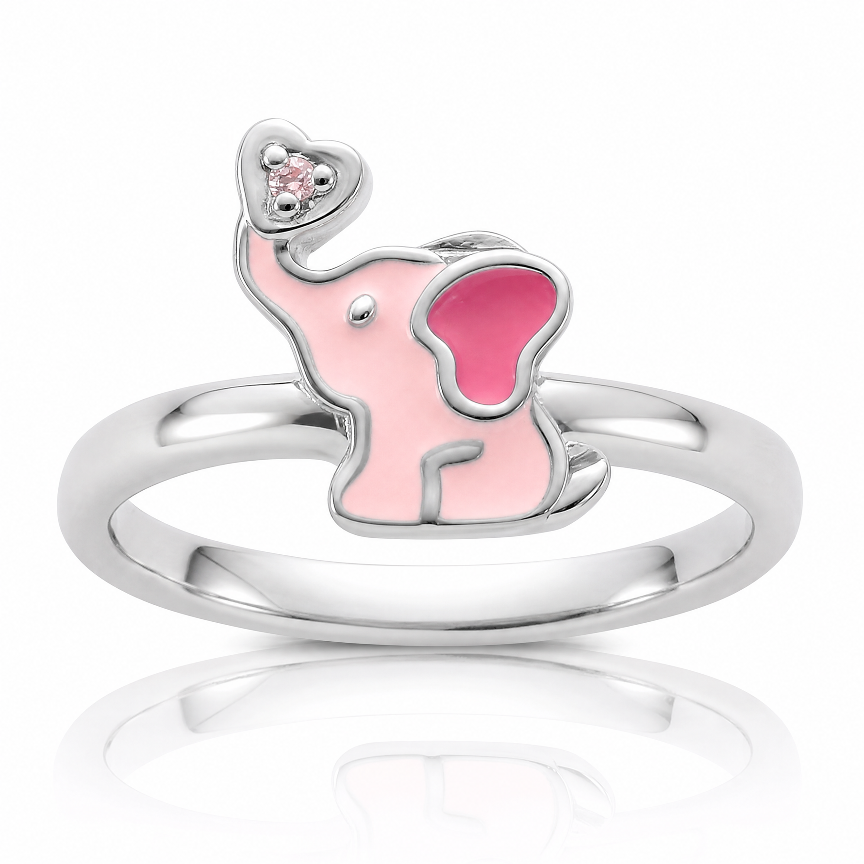 Sterling Silver Rhodium-plated Pink Enamel & CZ Elephant Children's Ring - Lifestyle View