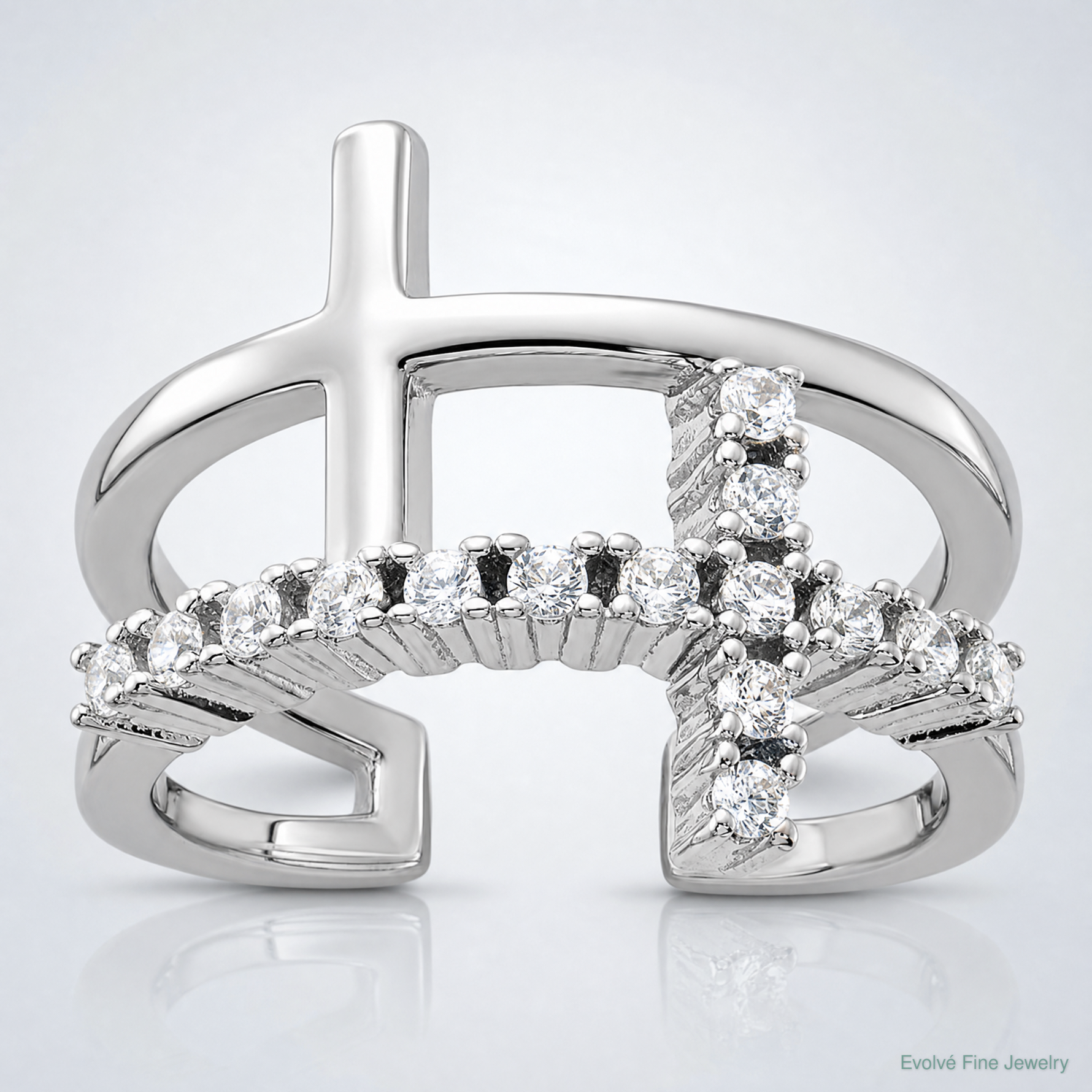True Fire Sterling Silver Rhodium-plated Double Cross CZ Open Back Ring - Lifestyle View