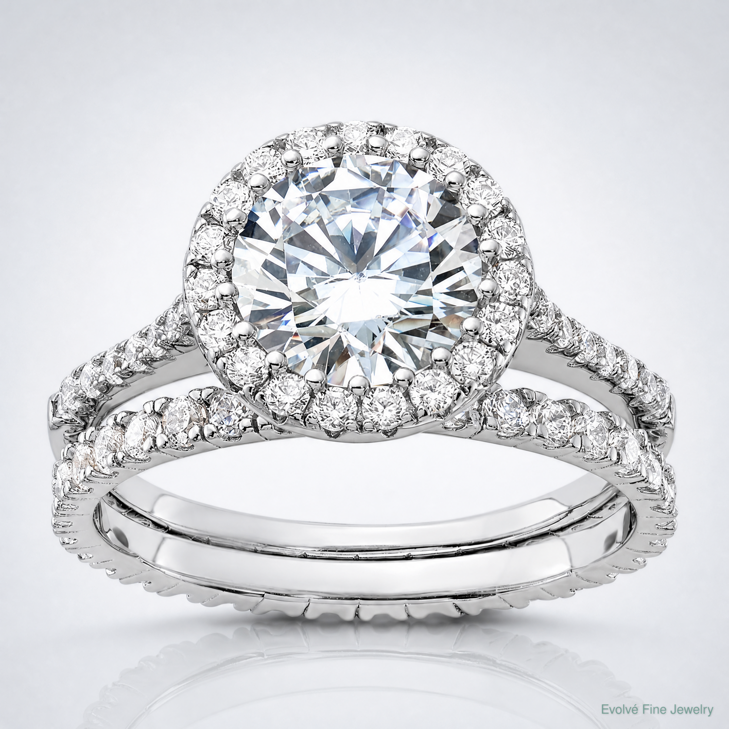 Sterling Silver RH-plated CZ Halo Engagement Ring and Eternity Band Set - Lifestyle View