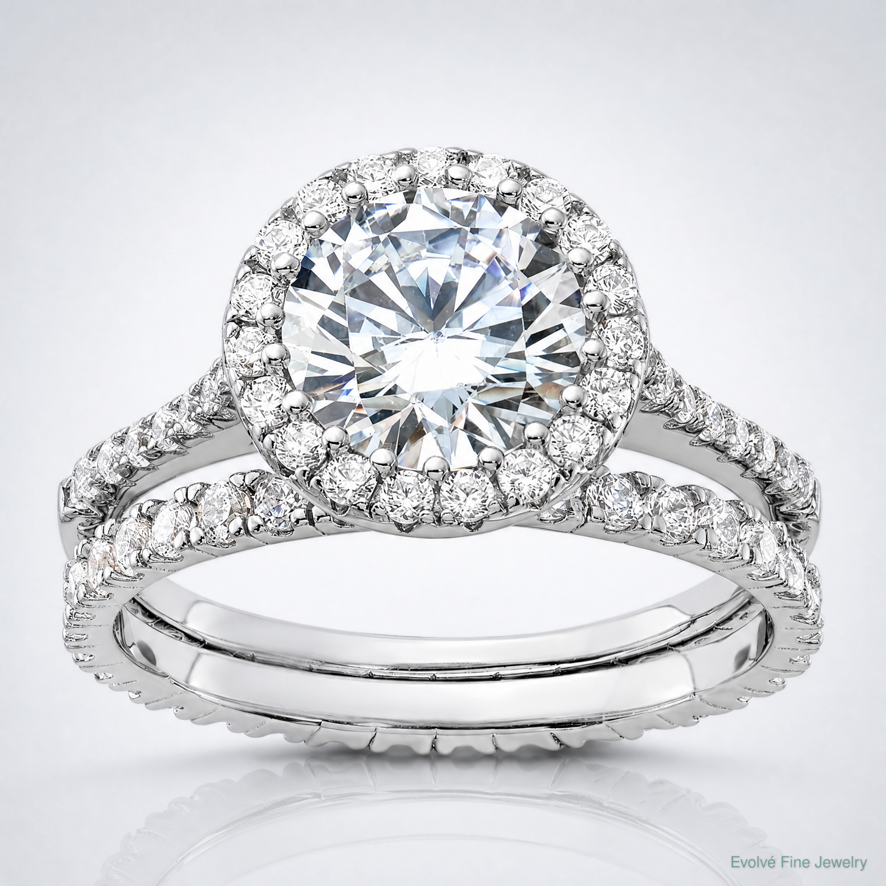 Sterling Silver RH-plated CZ Halo Engagement Ring and Eternity Band Set - Lifestyle View