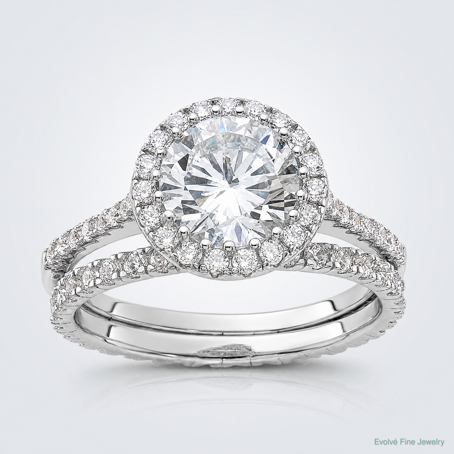 Sterling Silver Rh-plt 11mm CZ Halo Engagement/Eternity Band 2 Ring Set - Lifestyle View