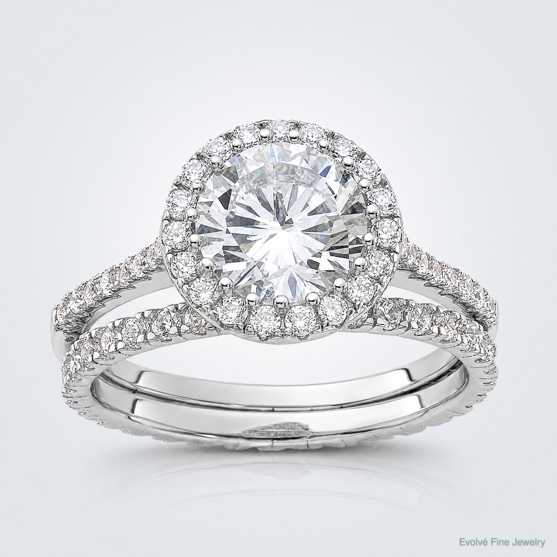 Sterling Silver Rh-plt 11mm CZ Halo Engagement/Eternity Band 2 Ring Set - Lifestyle View