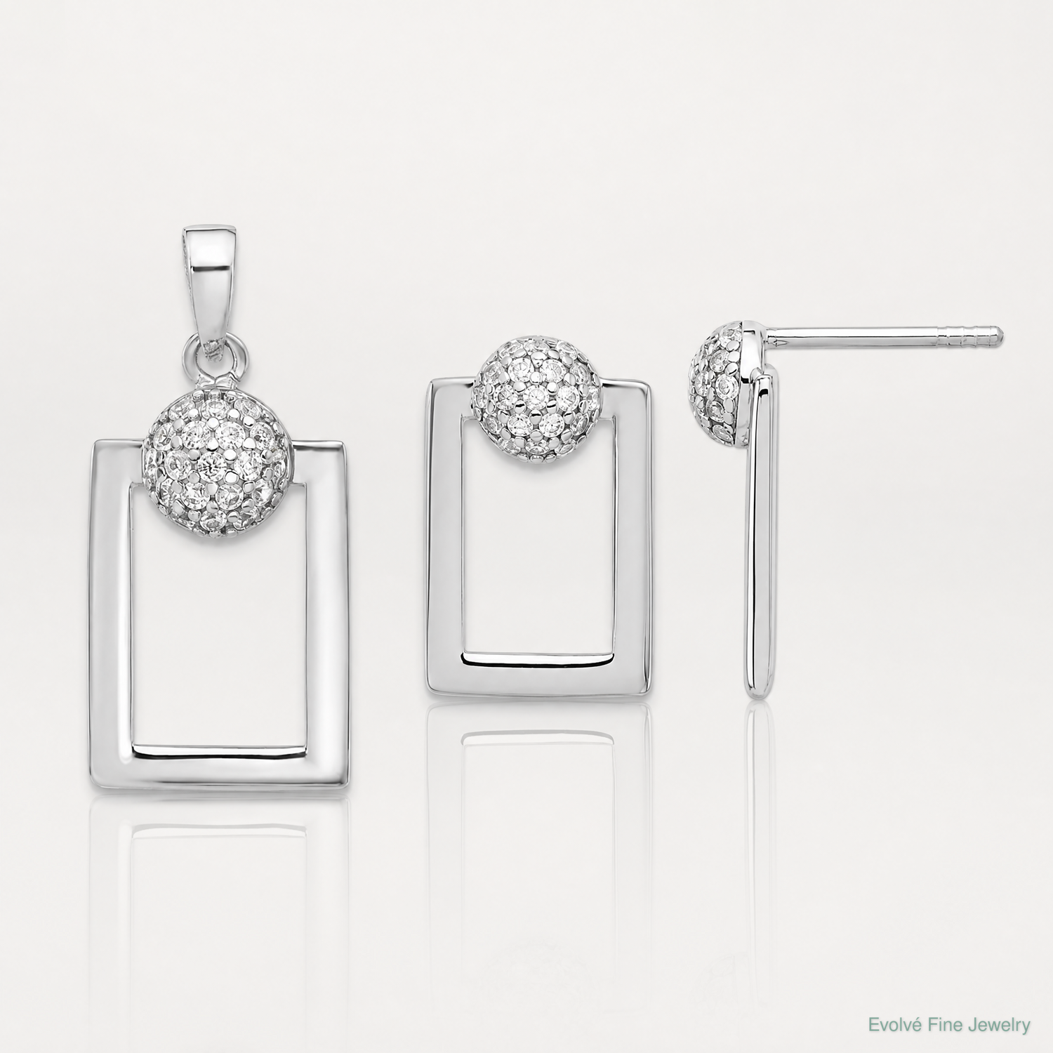 Sterling Silver RH-plated Micro Pave CZ Rectangle Earrings and Pendant Set - Lifestyle View