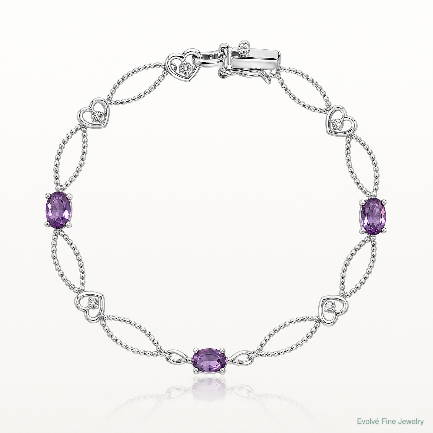 Sterling Silver Rhodium-plated Diamond & Amethyst Oval D/C Bracelet - Lifestyle View