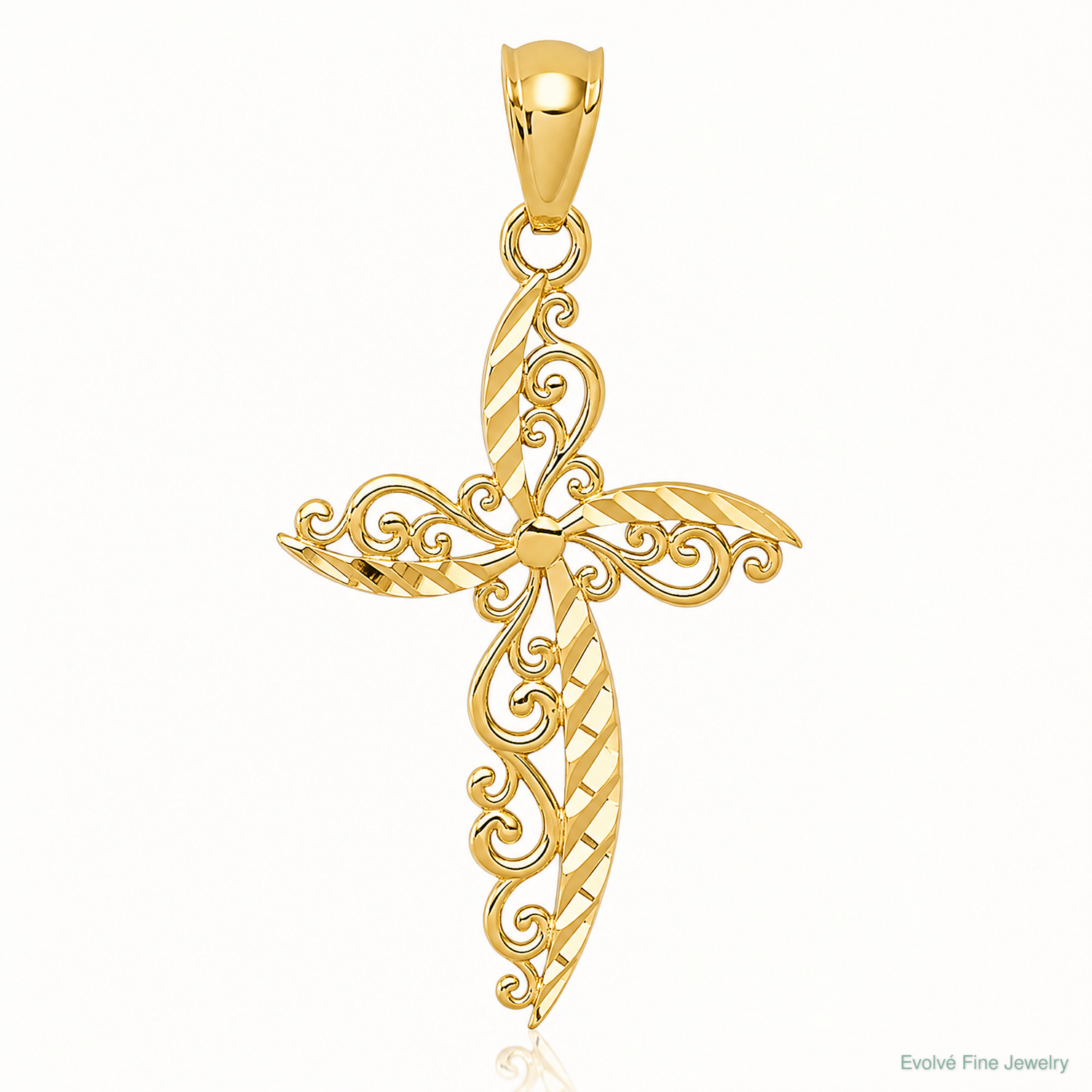 14k Scroll Design Cross Pendant - Lifestyle View