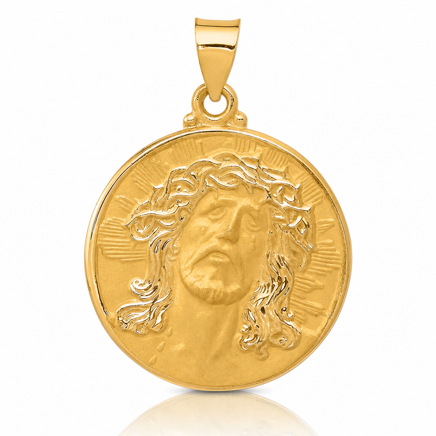 14k Head of Christ Medal Hollow Round Pendant - Lifestyle View