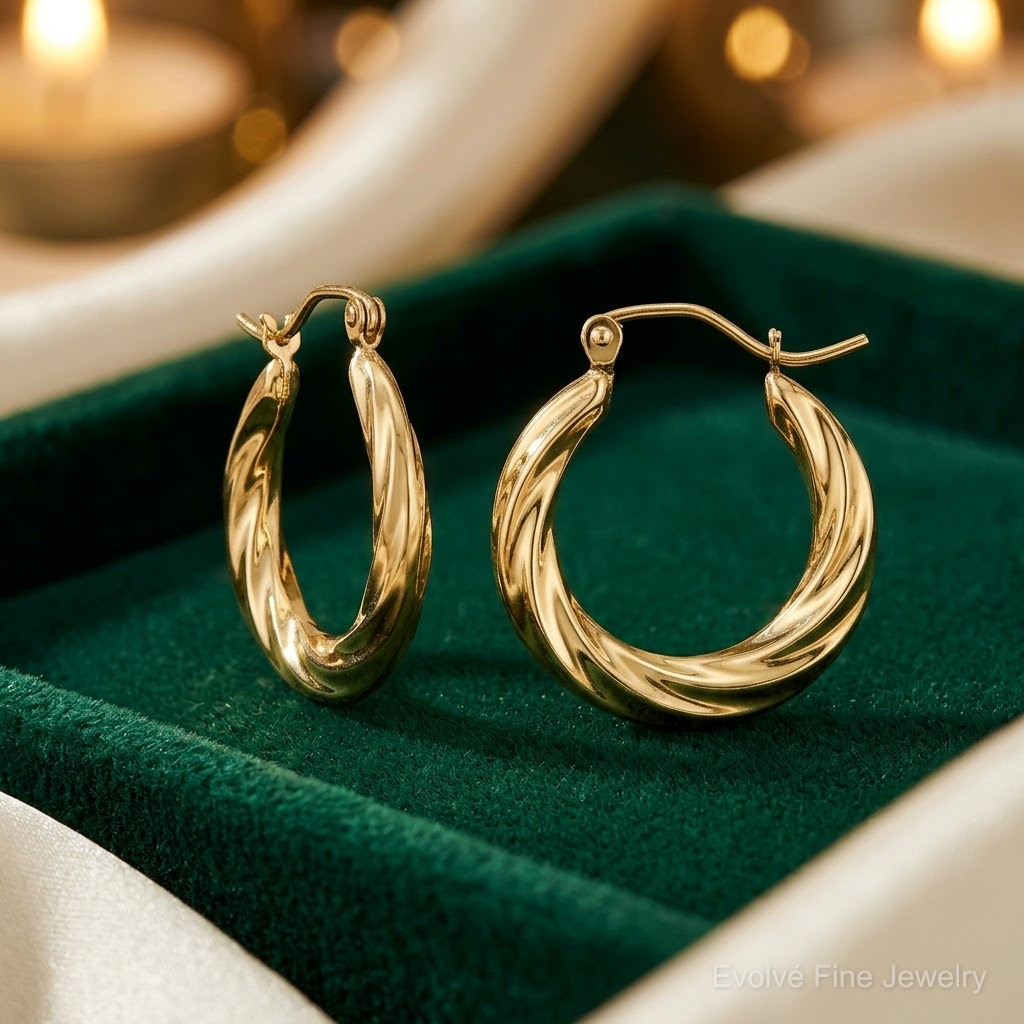 14k Polished Twisted Hollow Hoop Earrings - Lifestyle View