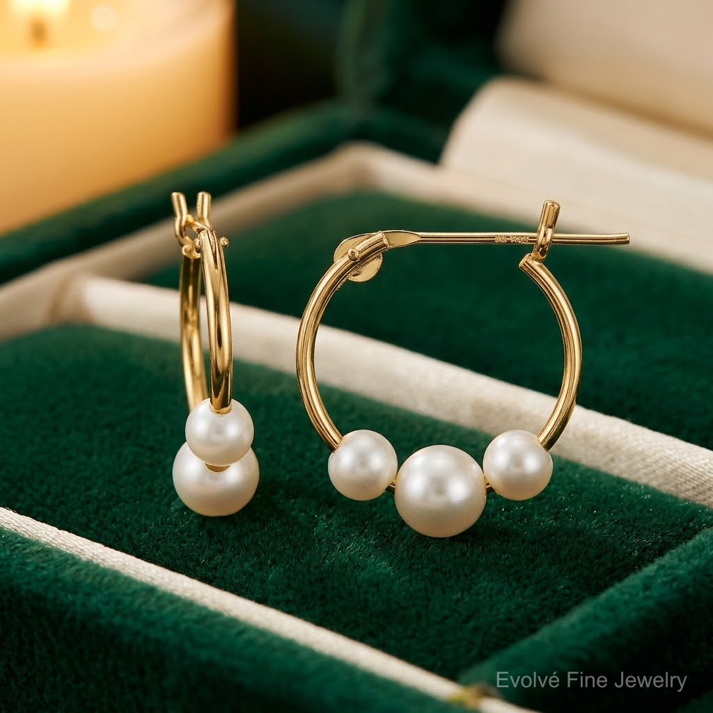 14k Madi K White Semi-round Freshwater Cultured 3 Pearl Hoop Earrings - Lifestyle View