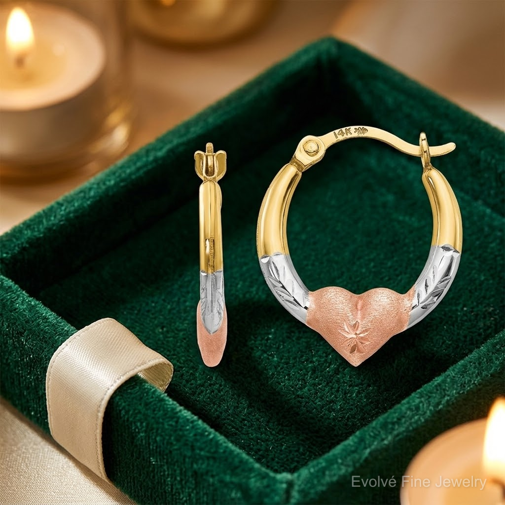 14K w/Rose and White Rhodium Madi K Heart Hoop Earrings - Lifestyle View