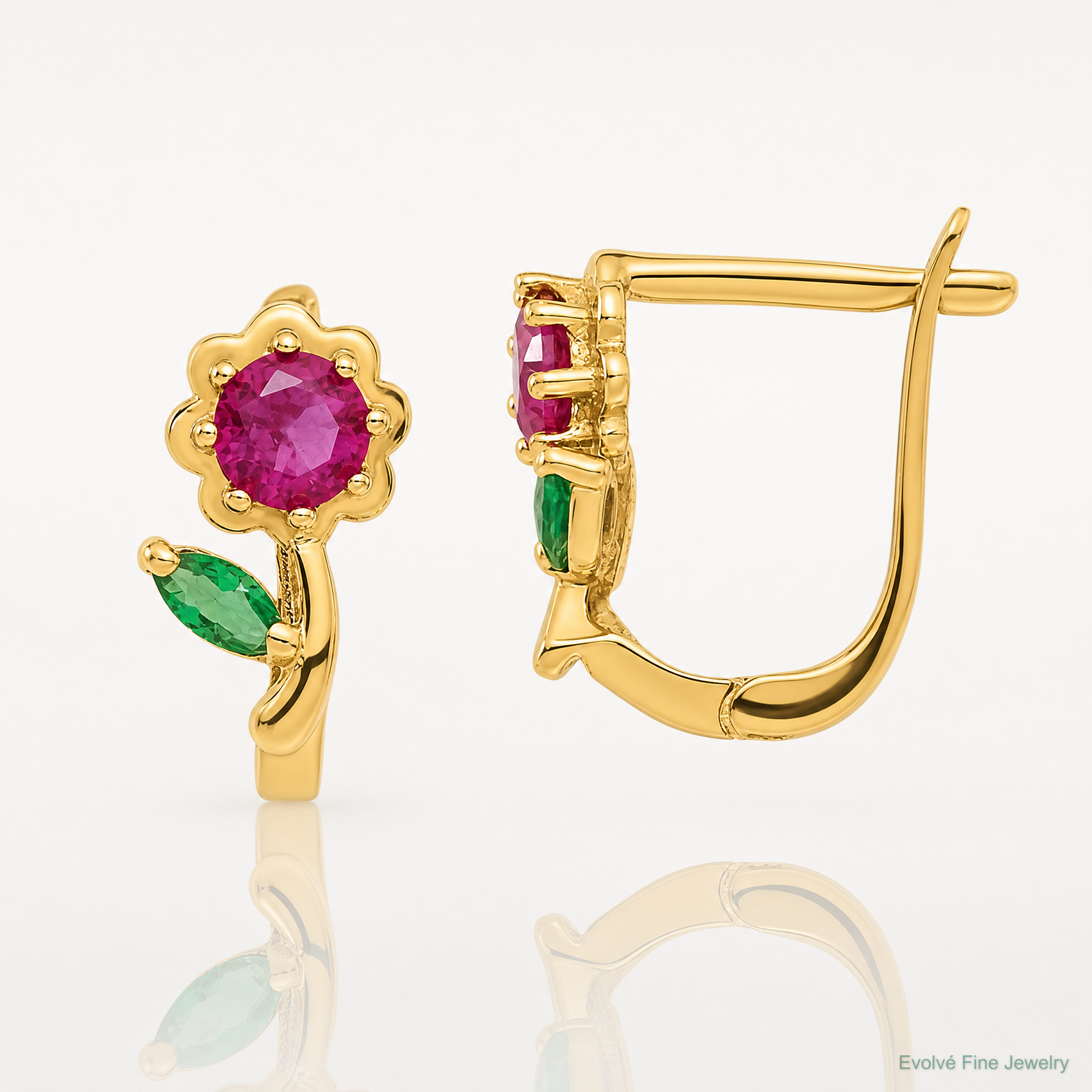 14k Madi K Polished Red & Green CZ Flower Hoops - Lifestyle View