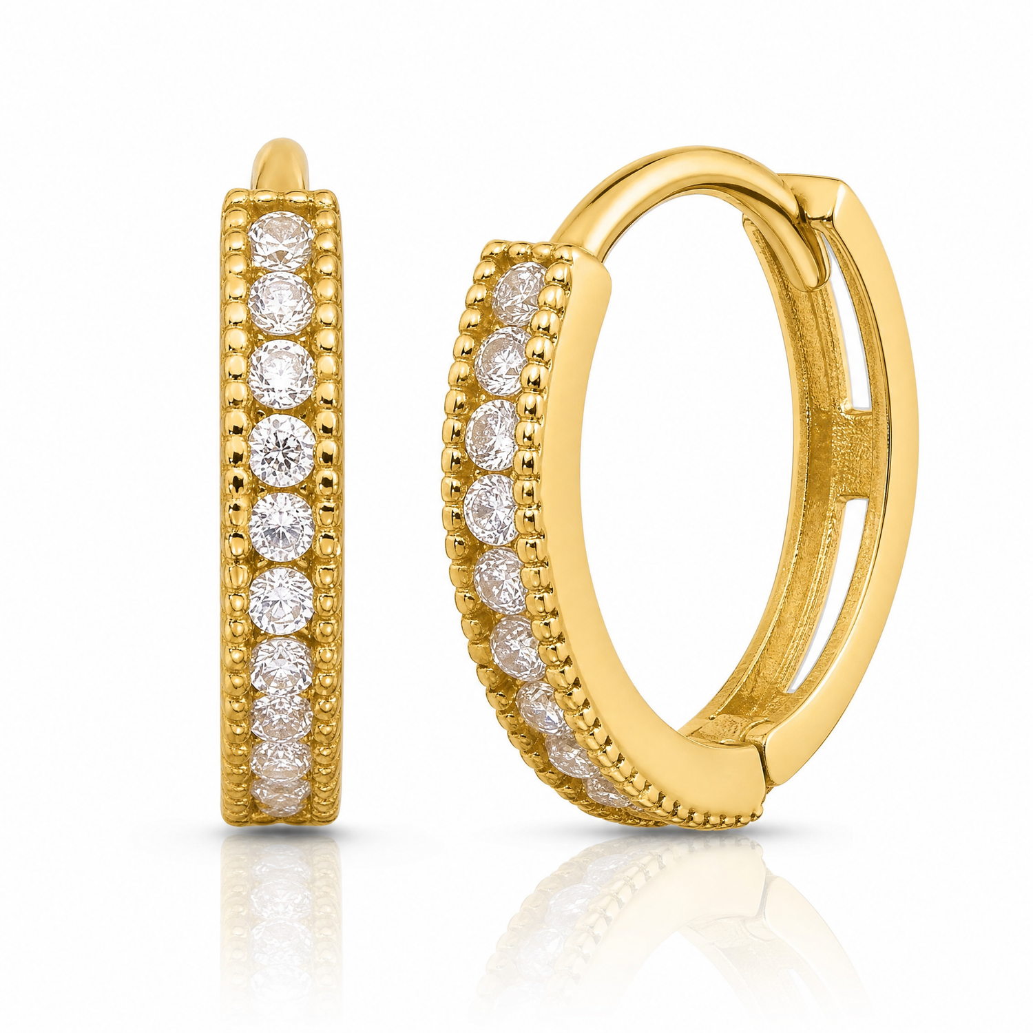 14k Madi K Polished CZ 2mm Hinged Huggie Hoop Earrings - Lifestyle View