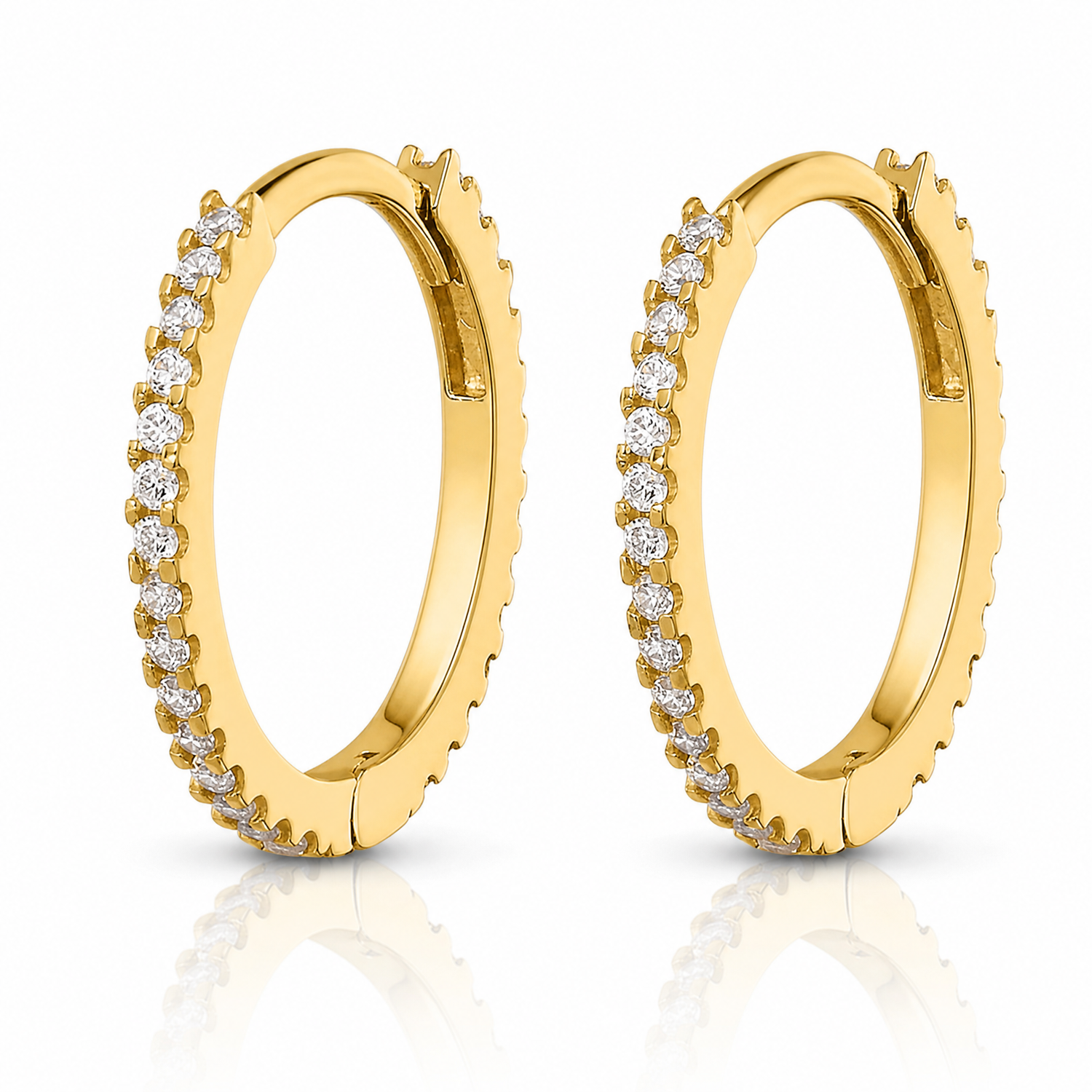 14k Madi K Polished CZ 1.25mm Hinged Huggie Hoop Earrings - Lifestyle View
