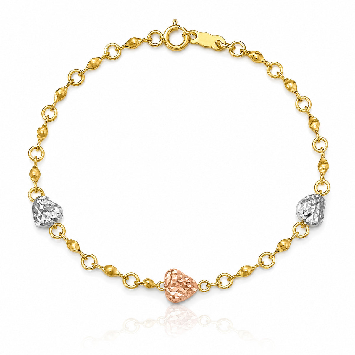 14k Tri-color Puff Heart Bracelet - Lifestyle View