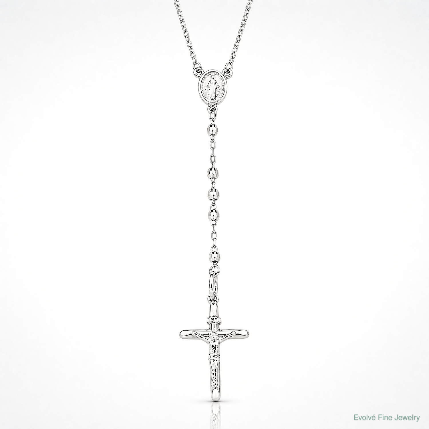 14k White Gold 3mm Mirror Beaded Rosary 24 inch Necklace - Lifestyle View