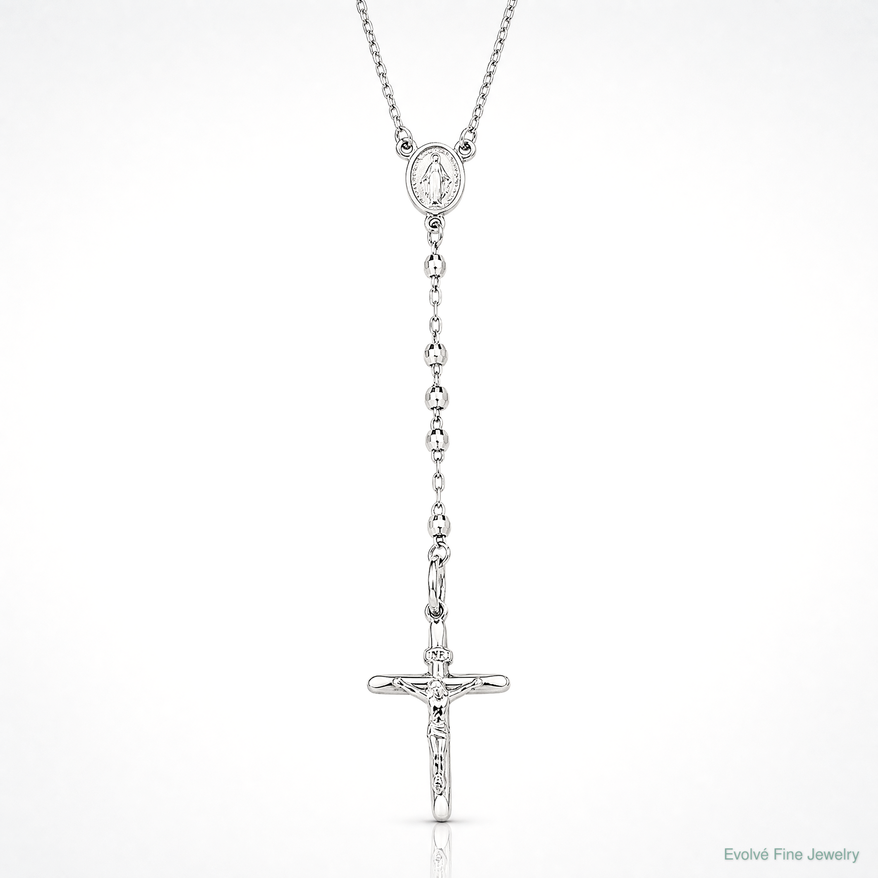 14k White Gold 3mm Mirror Beaded Rosary 24 inch Necklace - Lifestyle View