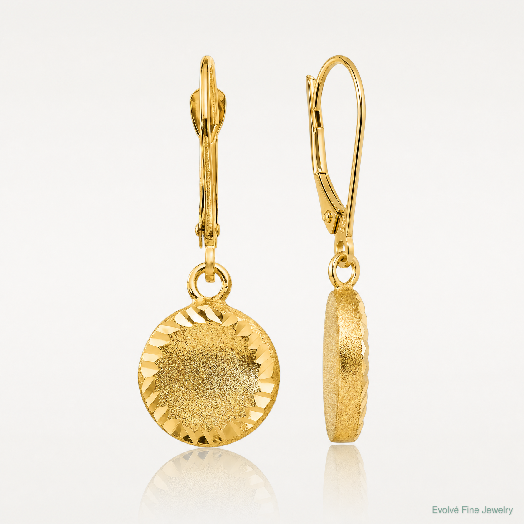 14k Brushed and Polished Diamond-cut Circle Leverback Earrings - Lifestyle View