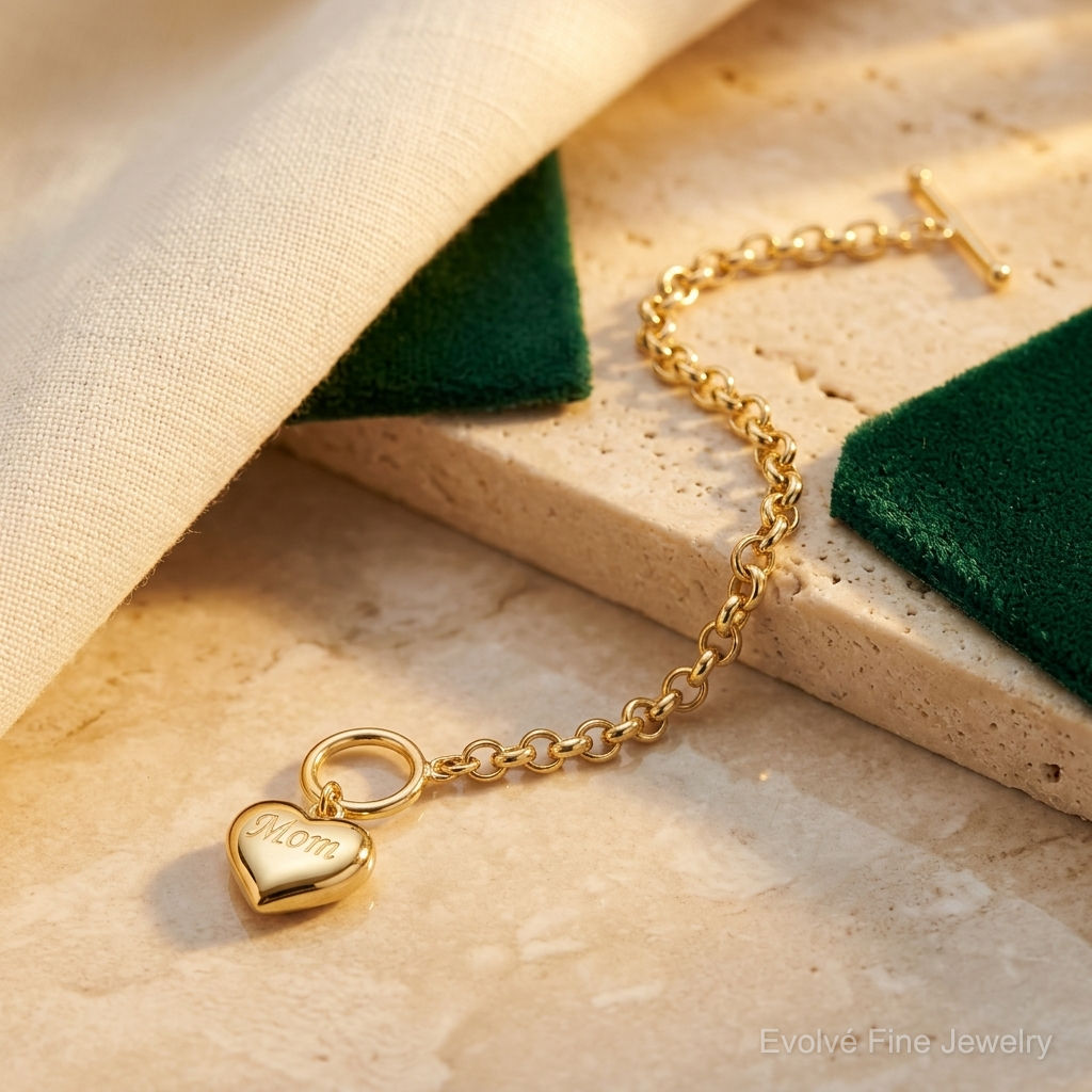 14k Puffed Mom Heart Toggle Bracelet - Lifestyle View