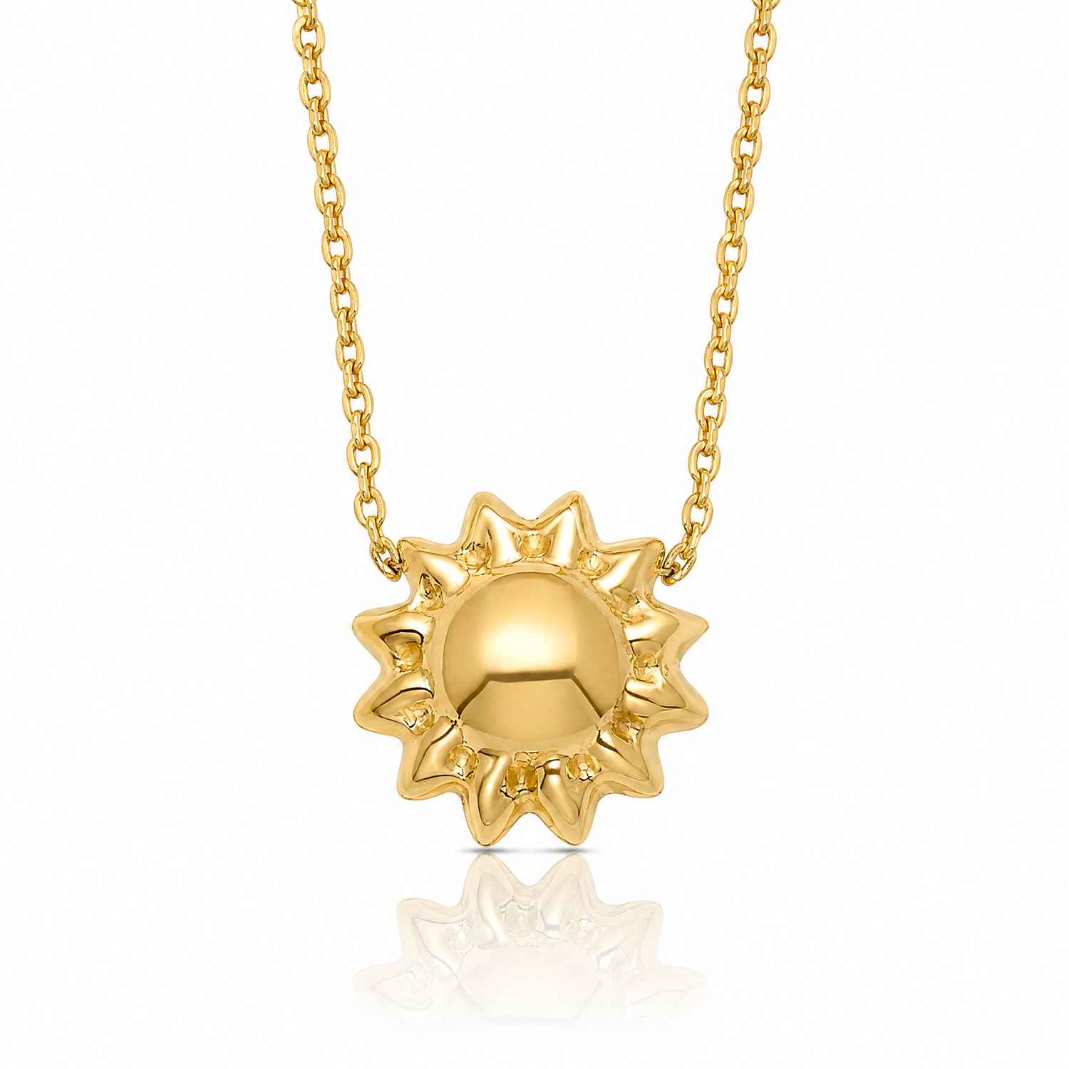 14k Polished Puffed Sun 16.5in Necklace - Lifestyle View
