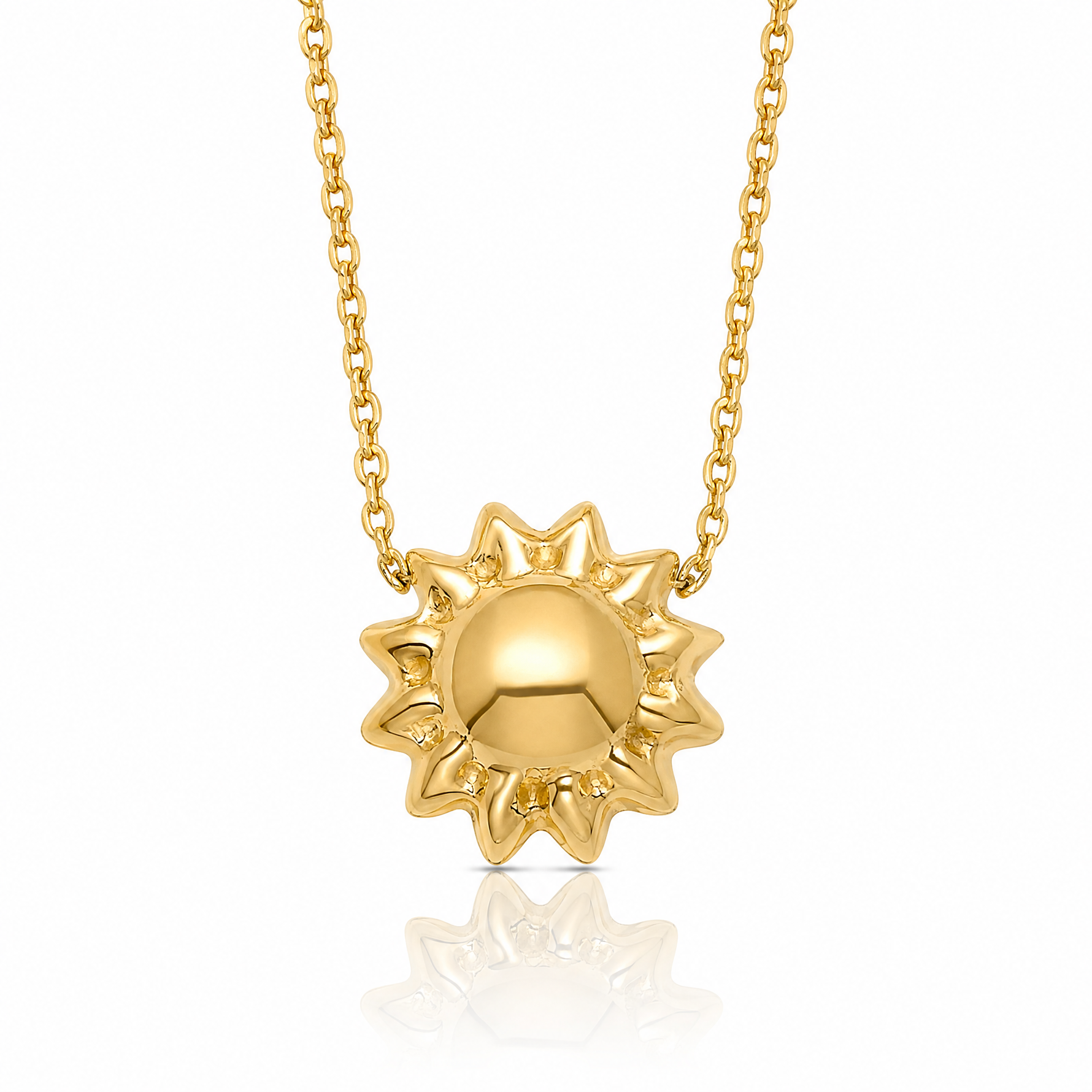 14k Polished Puffed Sun 16.5in Necklace - Lifestyle View