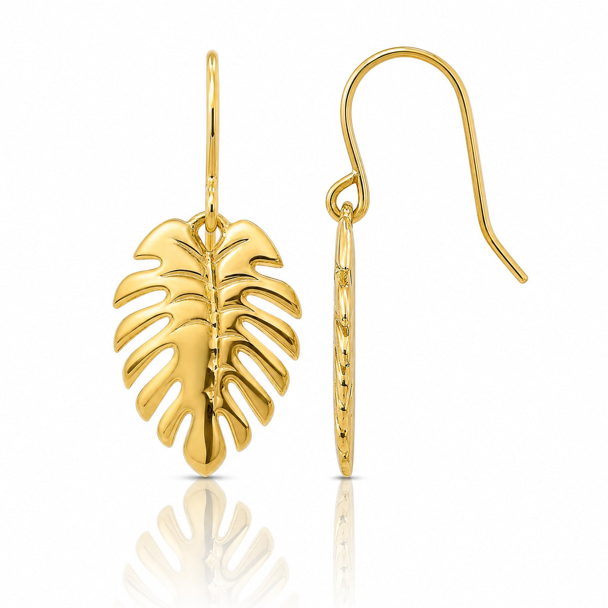 14K Polished Palm Leaf Dangle Earrings - Lifestyle View