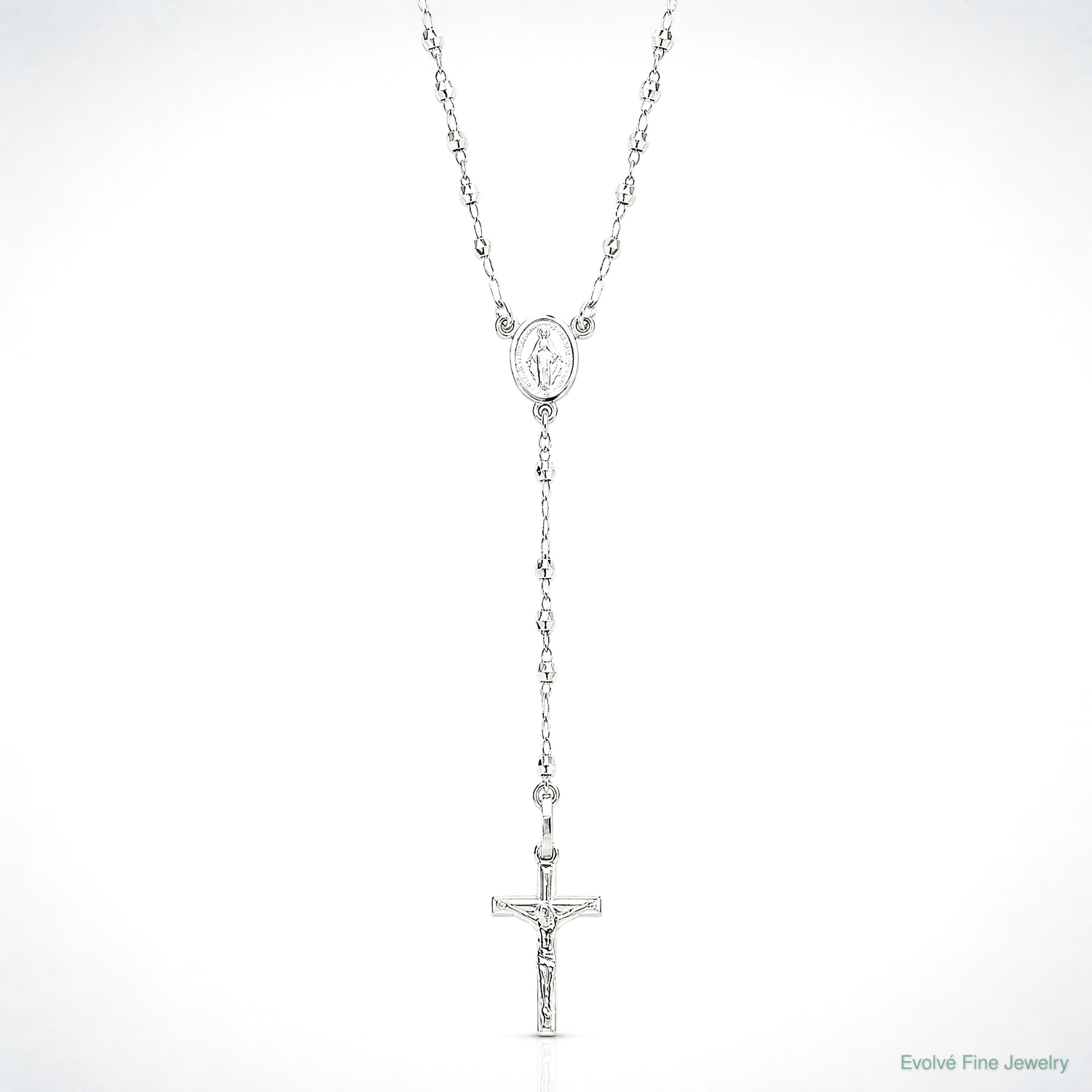 14K White Gold Polished Faceted Beads Rosary 18 inch Necklace - Lifestyle View